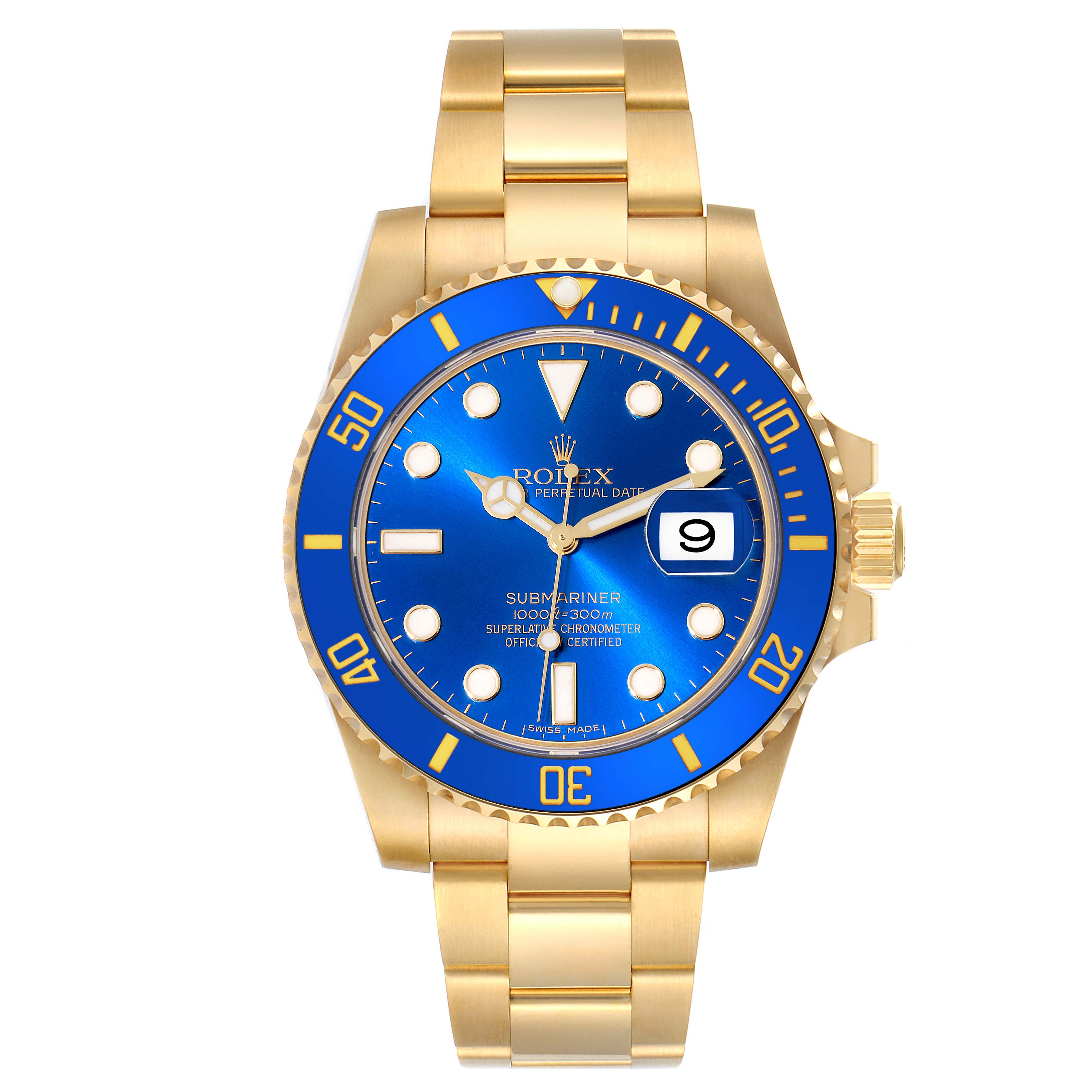 The image shows a front view of a Rolex Submariner 116618 Men's Yellow Gold Blue Dial 116618 Men's Yellow Gold Blue Dial watch with a blue dial and yellow gold bracelet.