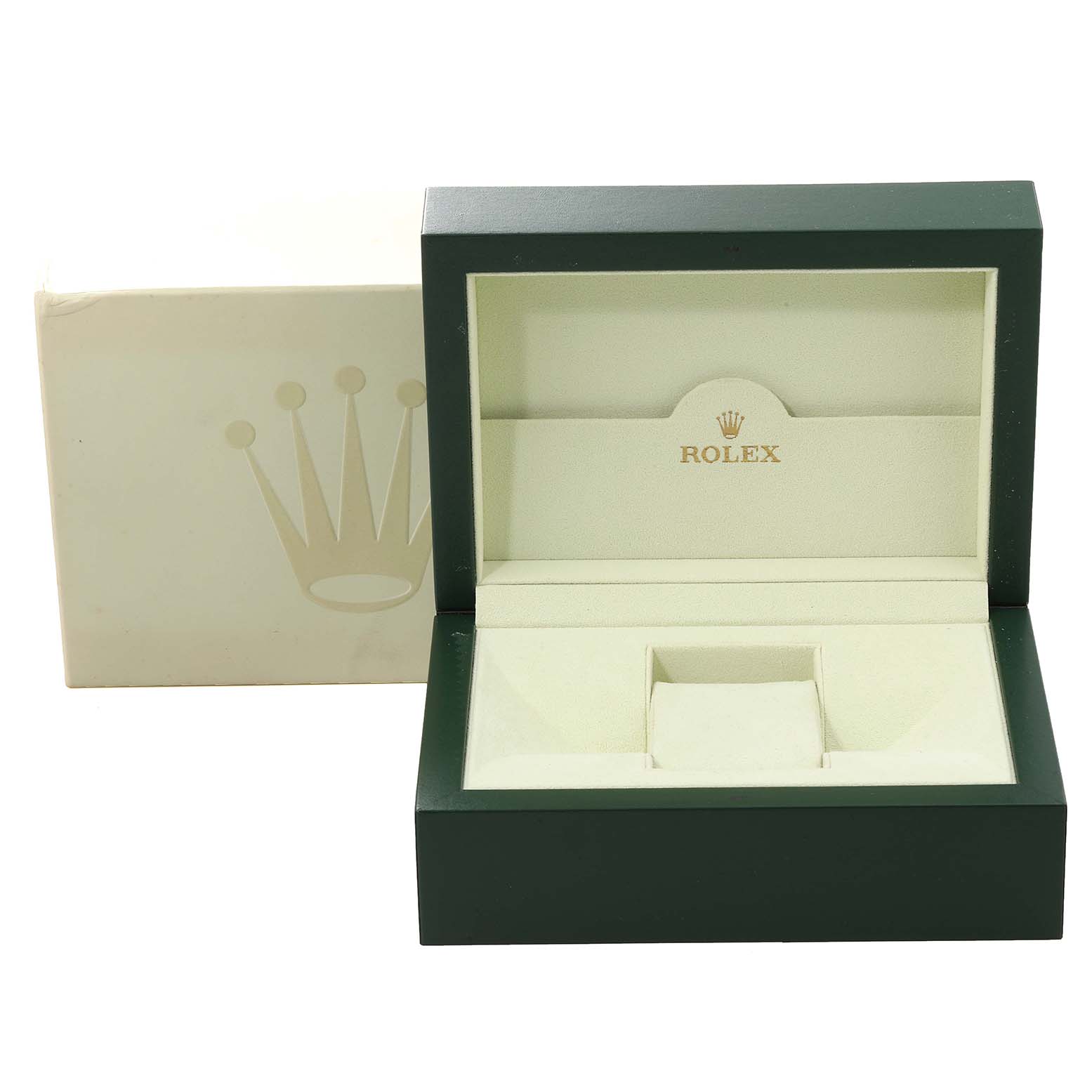 This is a Rolex Turn-o-Graph 116263 Men's Steel and Gold (two tone) White Dial 116263 Men's Steel and Gold (two tone) White Dial watch box shown from a front angle, including both external and internal views.