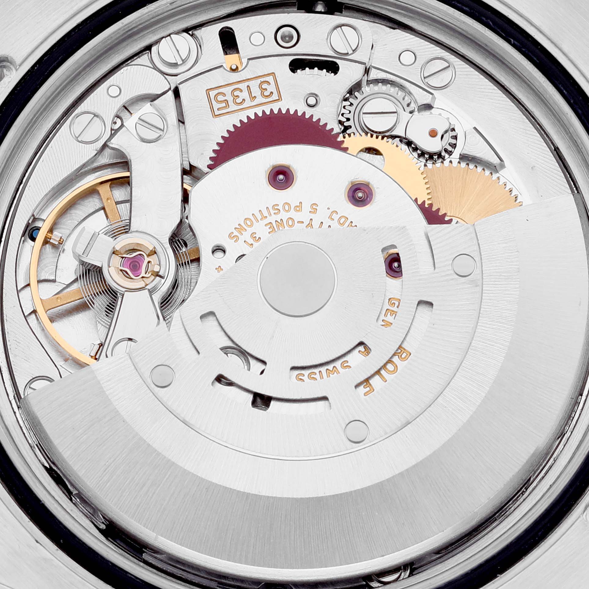 The image shows the inner mechanism and movement of a Rolex Turn-o-Graph 116263 Men's Steel and Gold (two tone) White Dial 116263 Men's Steel and Gold (two tone) White Dial watch from a close-up angle.