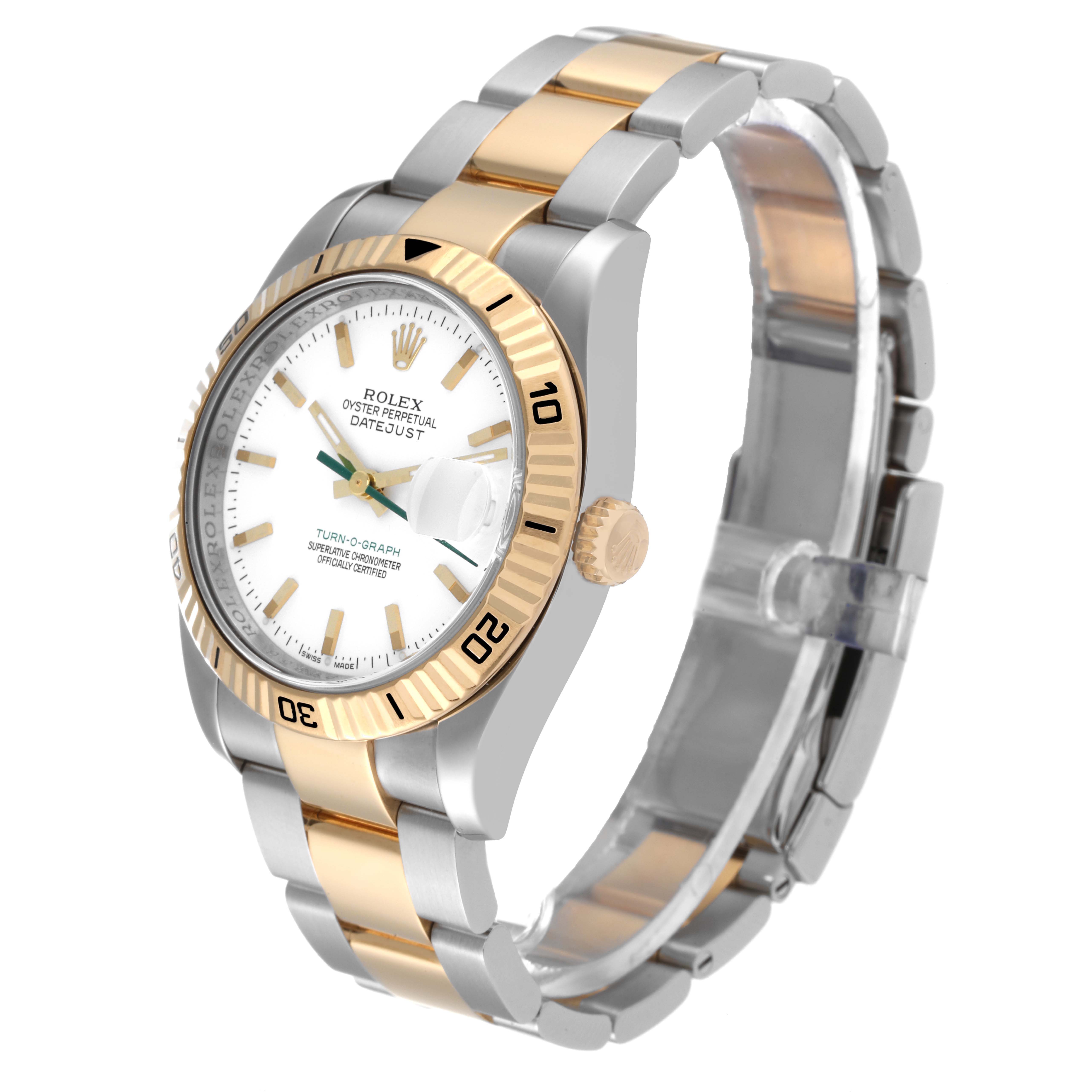This image shows a Rolex Turn-o-Graph 116263 Men's Steel and Gold (two tone) White Dial 116263 Men's Steel and Gold (two tone) White Dial watch from a slight angle displaying the bracelet, bezel, and face.