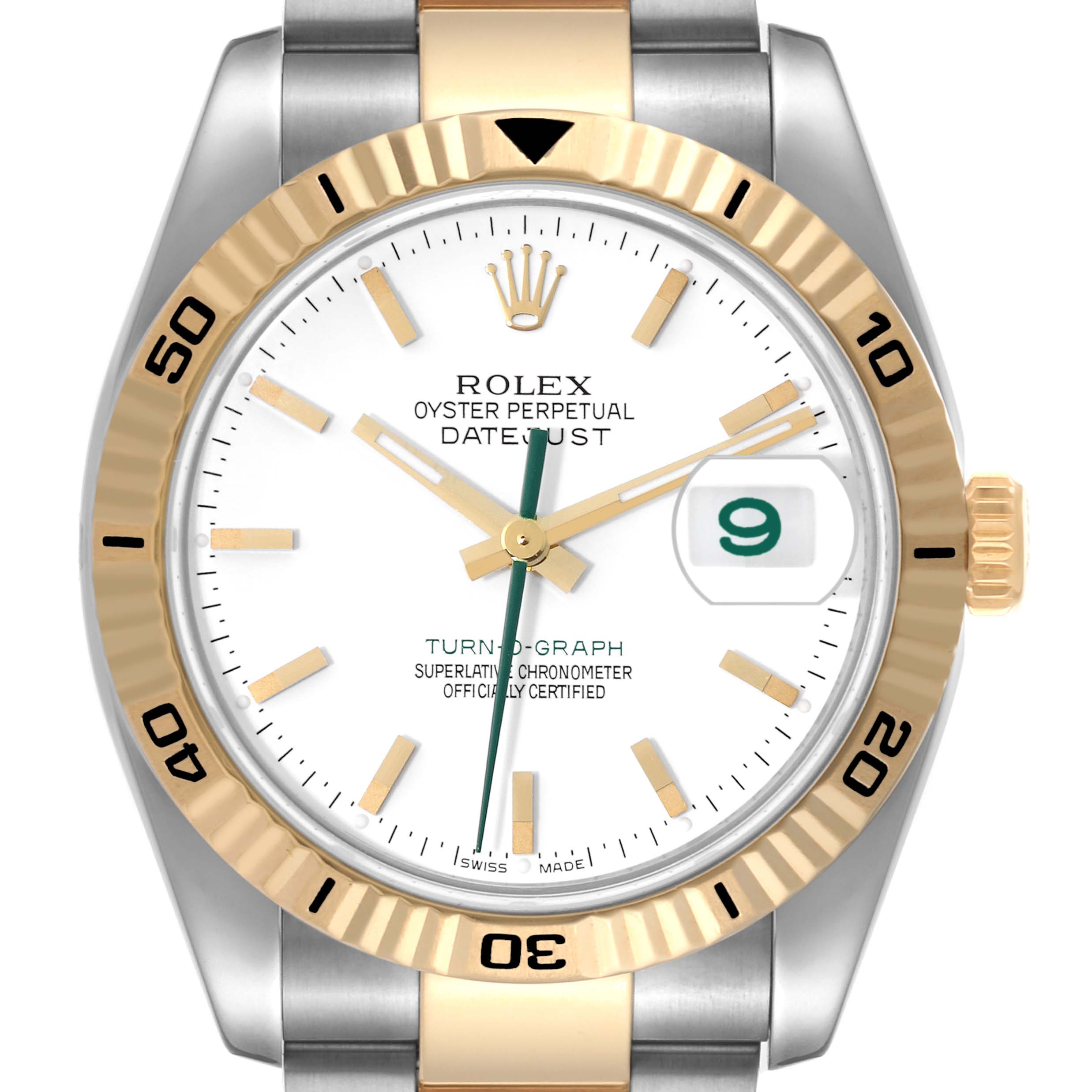 This is a close-up front view of the Rolex Turn-o-Graph 116263 Men's Steel and Gold (two tone) White Dial 116263 Men's Steel and Gold (two tone) White Dial watch, showing its dial, bezel, and part of the strap.