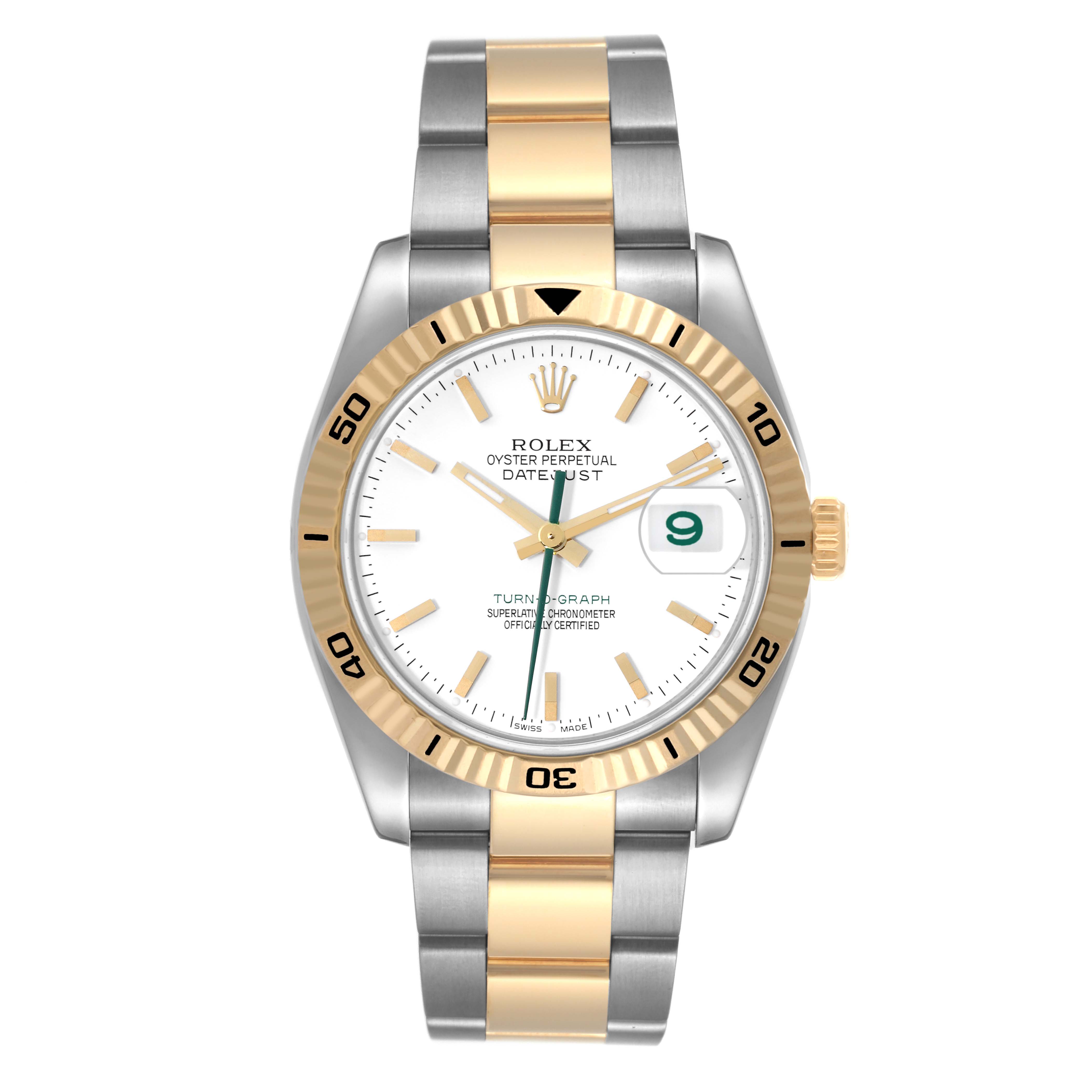 This image shows a front view of a Rolex Turn-o-Graph 116263 Men's Steel and Gold (two tone) White Dial 116263 Men's Steel and Gold (two tone) White Dial watch, highlighting the face, bezel, and bracelet.
