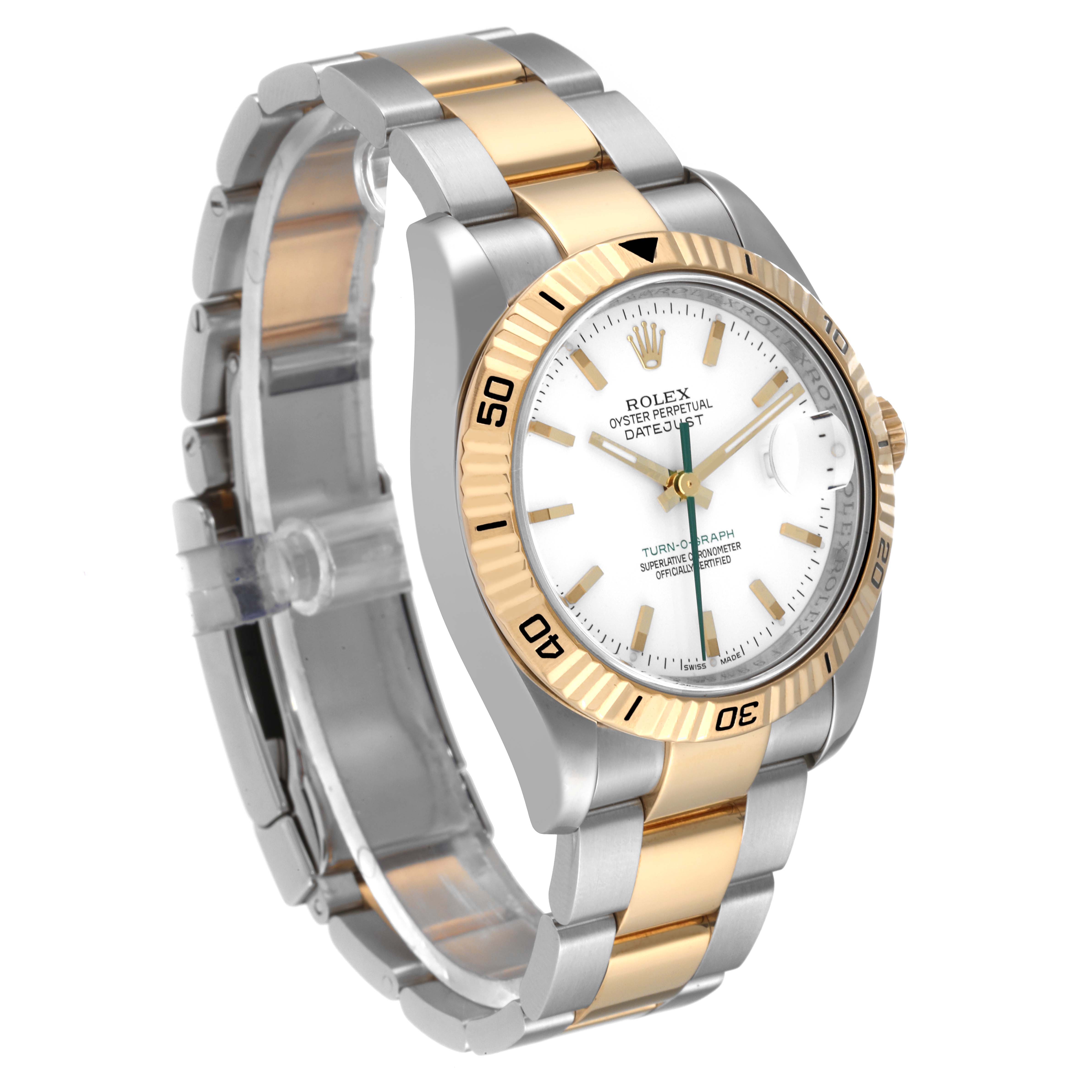 This image shows a Rolex Turn-o-Graph 116263 Men's Steel and Gold (two tone) White Dial 116263 Men's Steel and Gold (two tone) White Dial watch at a three-quarter angle, highlighting the face, bezel, and two-tone bracelet.