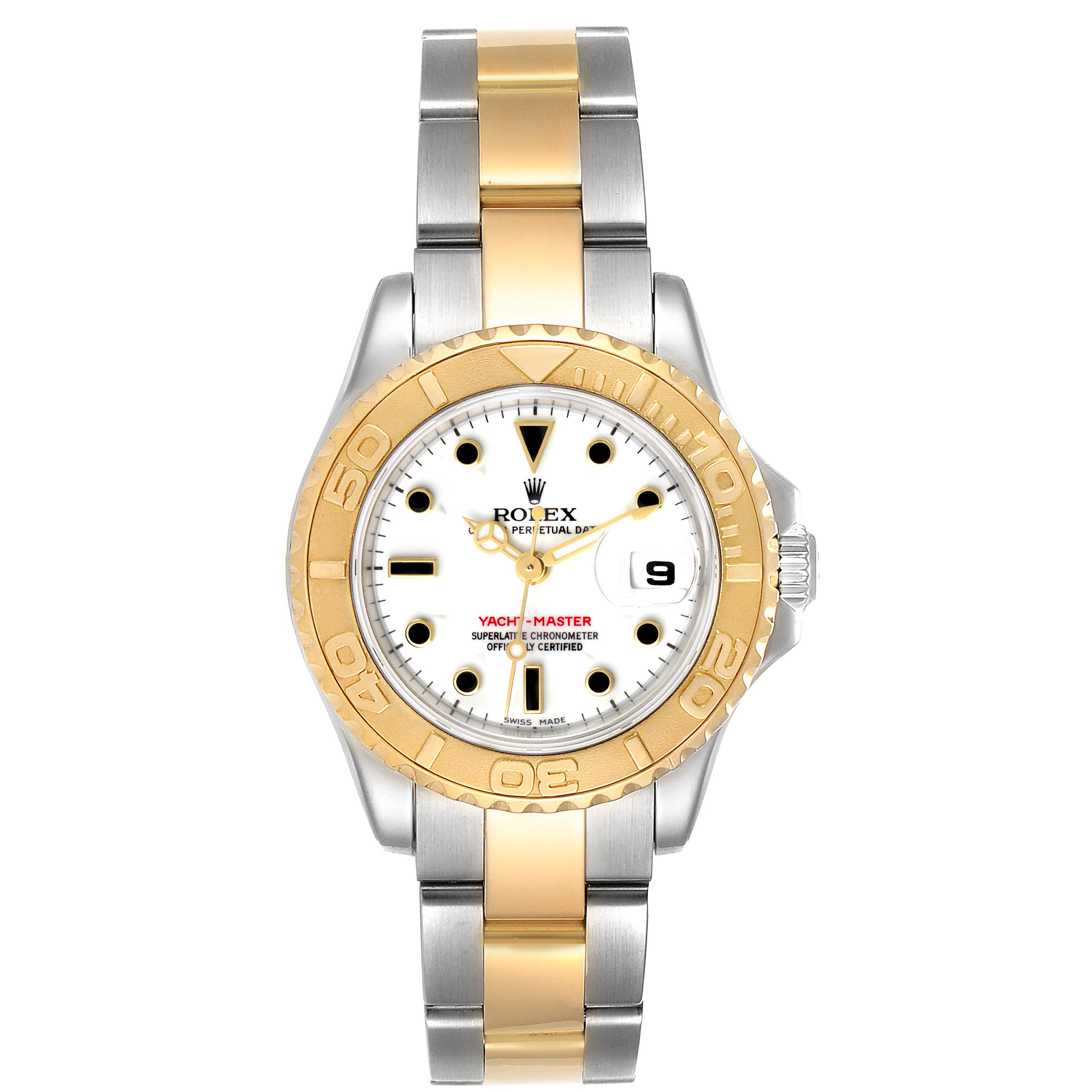 This is a front view of a Rolex Yacht-Master 169623 Women
s Steel and Gold (two tone) White Dial 169623 Women
s Steel and Gold (two tone) White Dial watch showing the face, bezel, and bracelet.