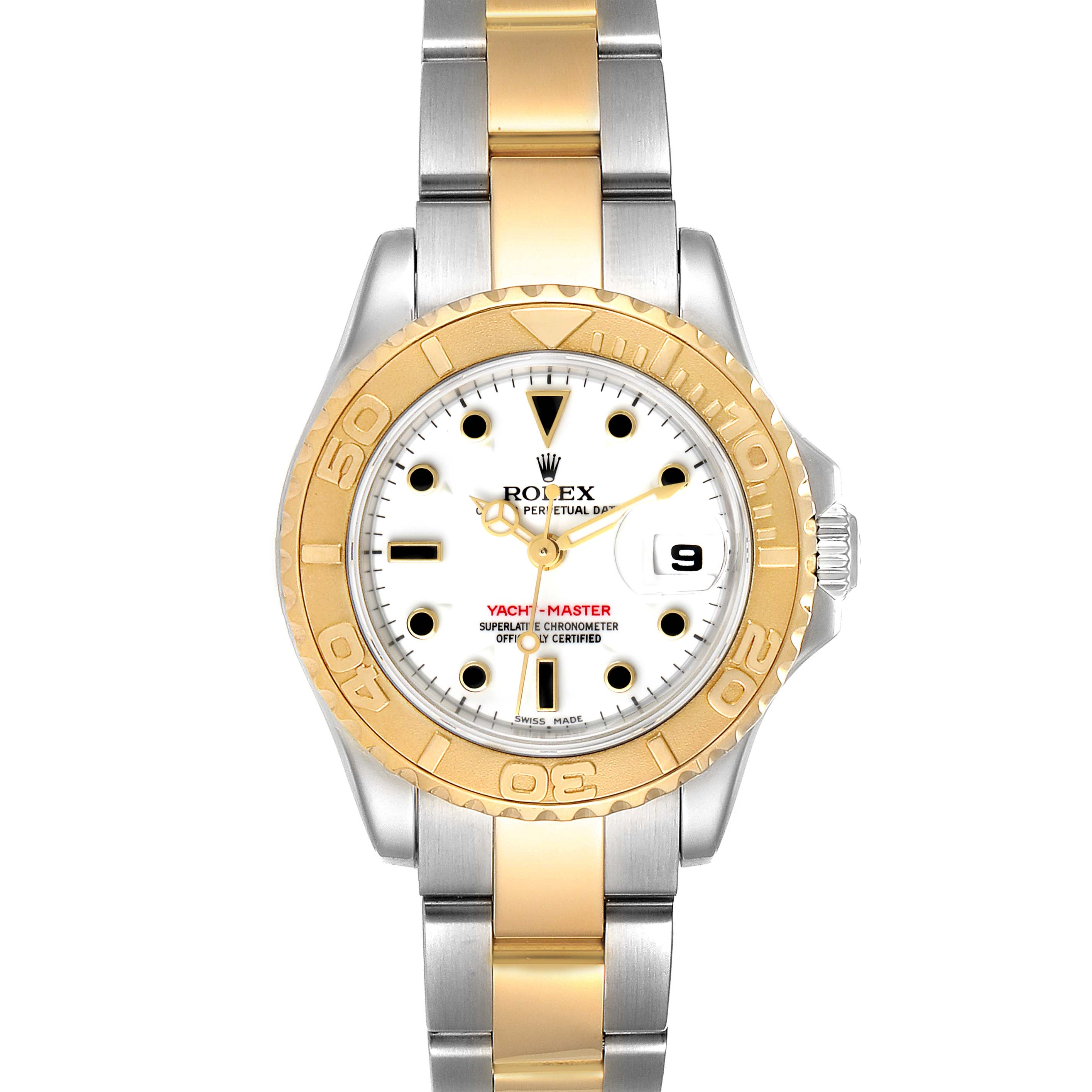 The image shows a front view of a Rolex Yacht-Master 169623 Women
s Steel and Gold (two tone) White Dial 169623 Women
s Steel and Gold (two tone) White Dial watch, highlighting the dial, bezel, and bracelet.