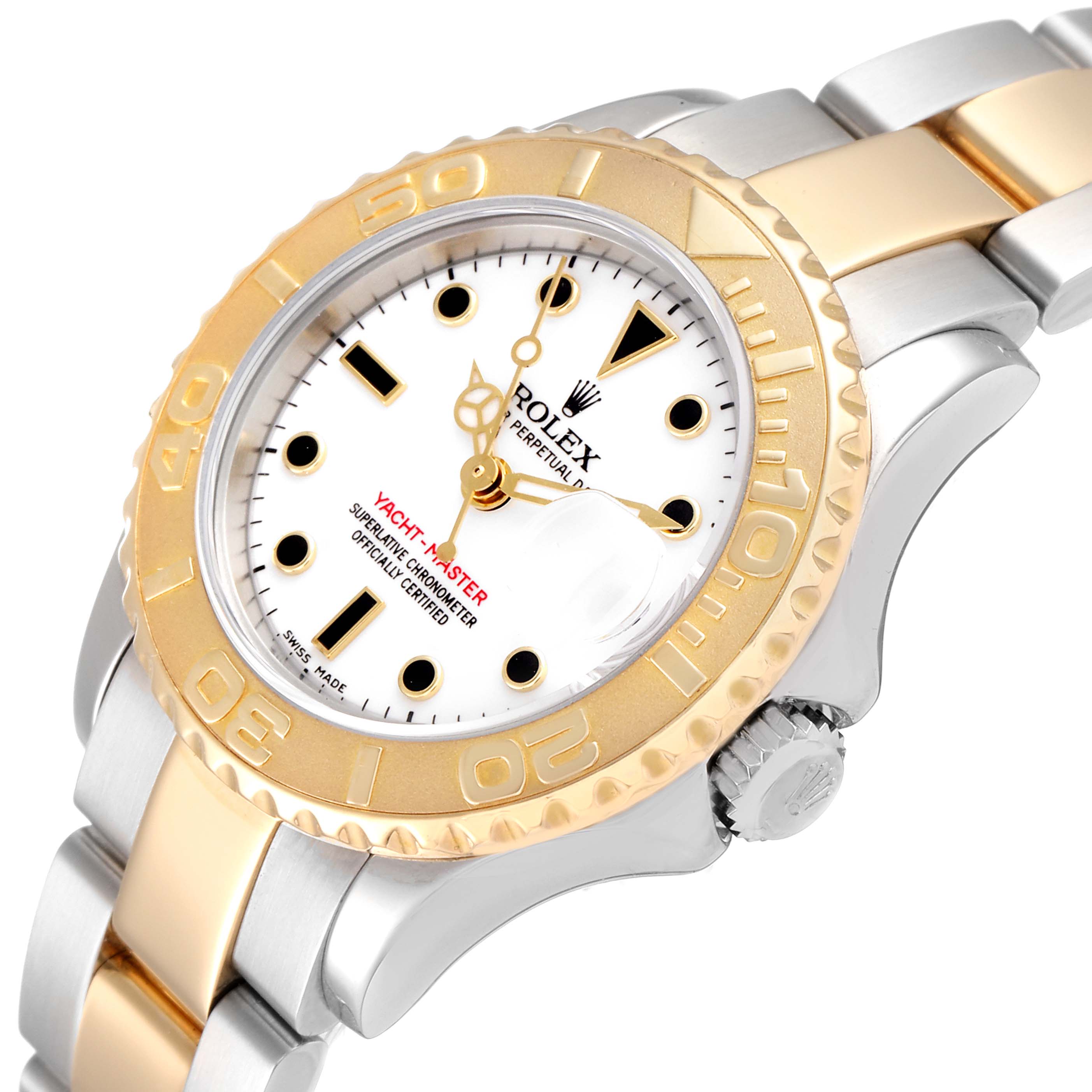 This Rolex Yacht-Master 169623 Women
s Steel and Gold (two tone) White Dial 169623 Women
s Steel and Gold (two tone) White Dial watch is shown at a slight angle, displaying the dial, bezel, crown, and part of the bracelet.