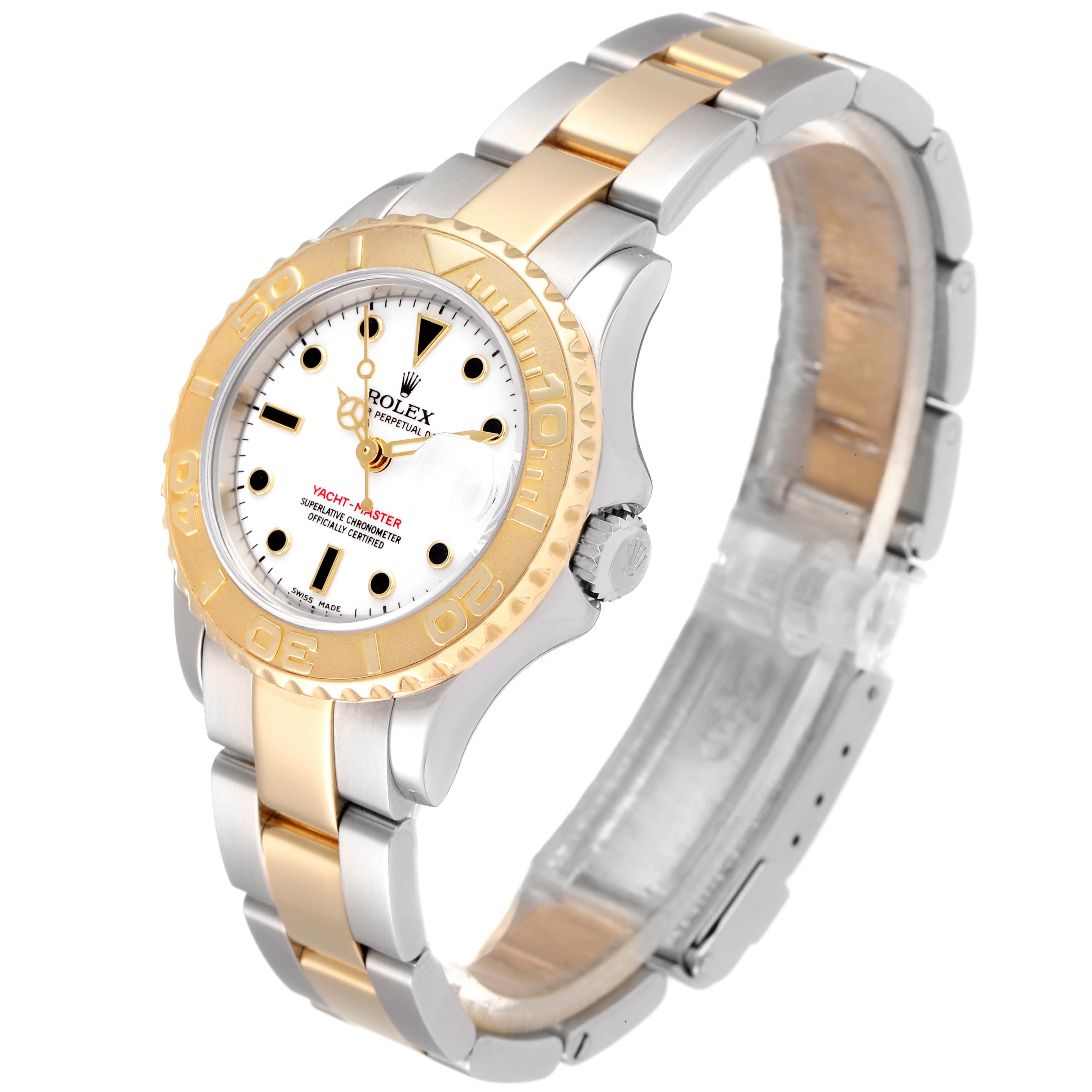The Rolex Yacht-Master 169623 Women
s Steel and Gold (two tone) White Dial 169623 Women
s Steel and Gold (two tone) White Dial watch is shown at an oblique angle, displaying its face, bezel, crown, and bracelet.