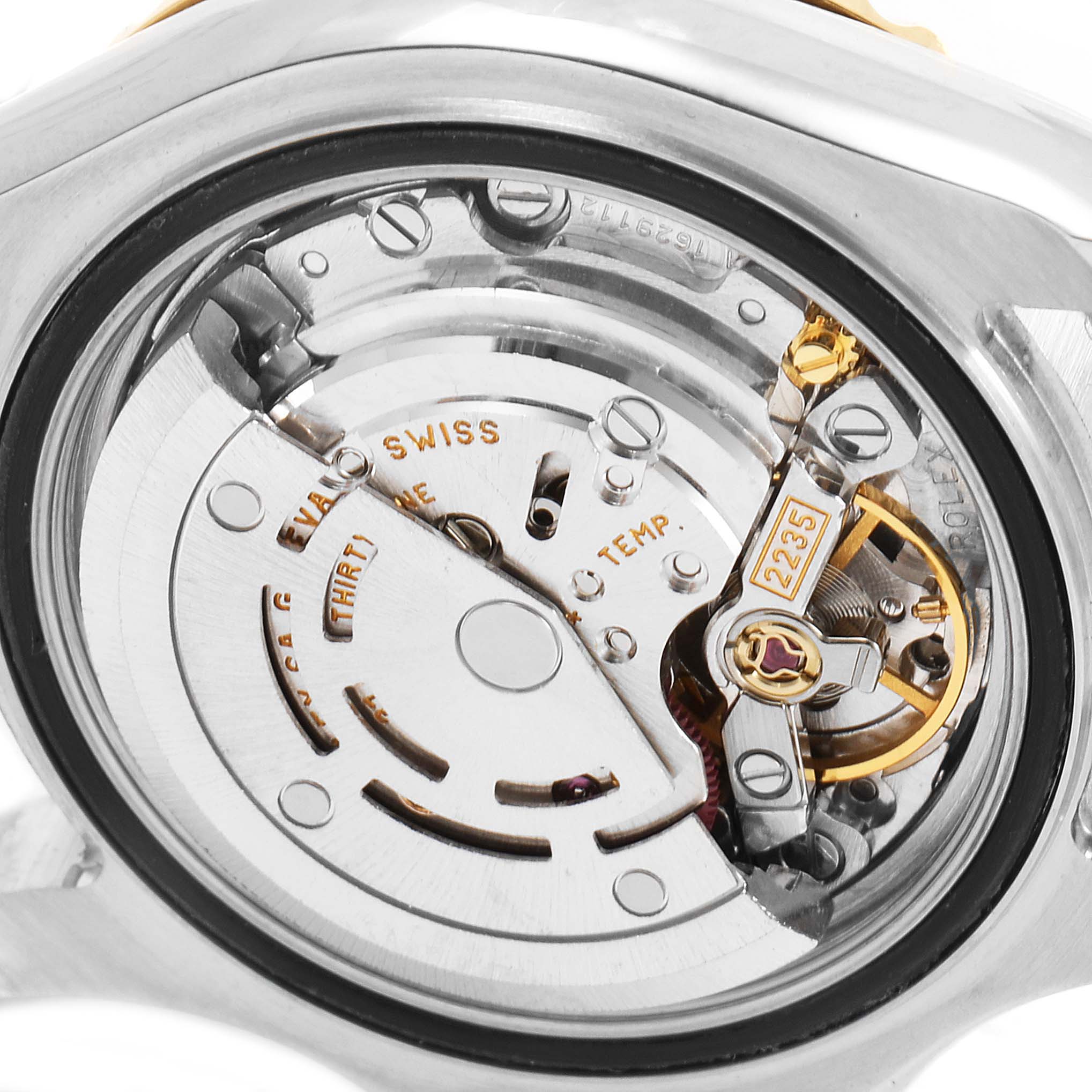 The image shows the movement mechanism of a Rolex Yacht-Master 169623 Women
s Steel and Gold (two tone) White Dial 169623 Women
s Steel and Gold (two tone) White Dial watch seen from the back case.