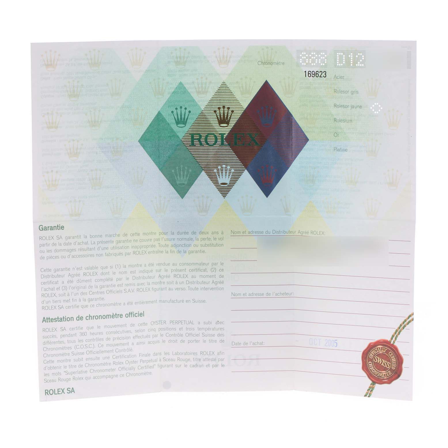 The image shows a warranty certificate for the Rolex Yacht-Master 169623 Women
s Steel and Gold (two tone) White Dial 169623 Women
s Steel and Gold (two tone) White Dial watch.