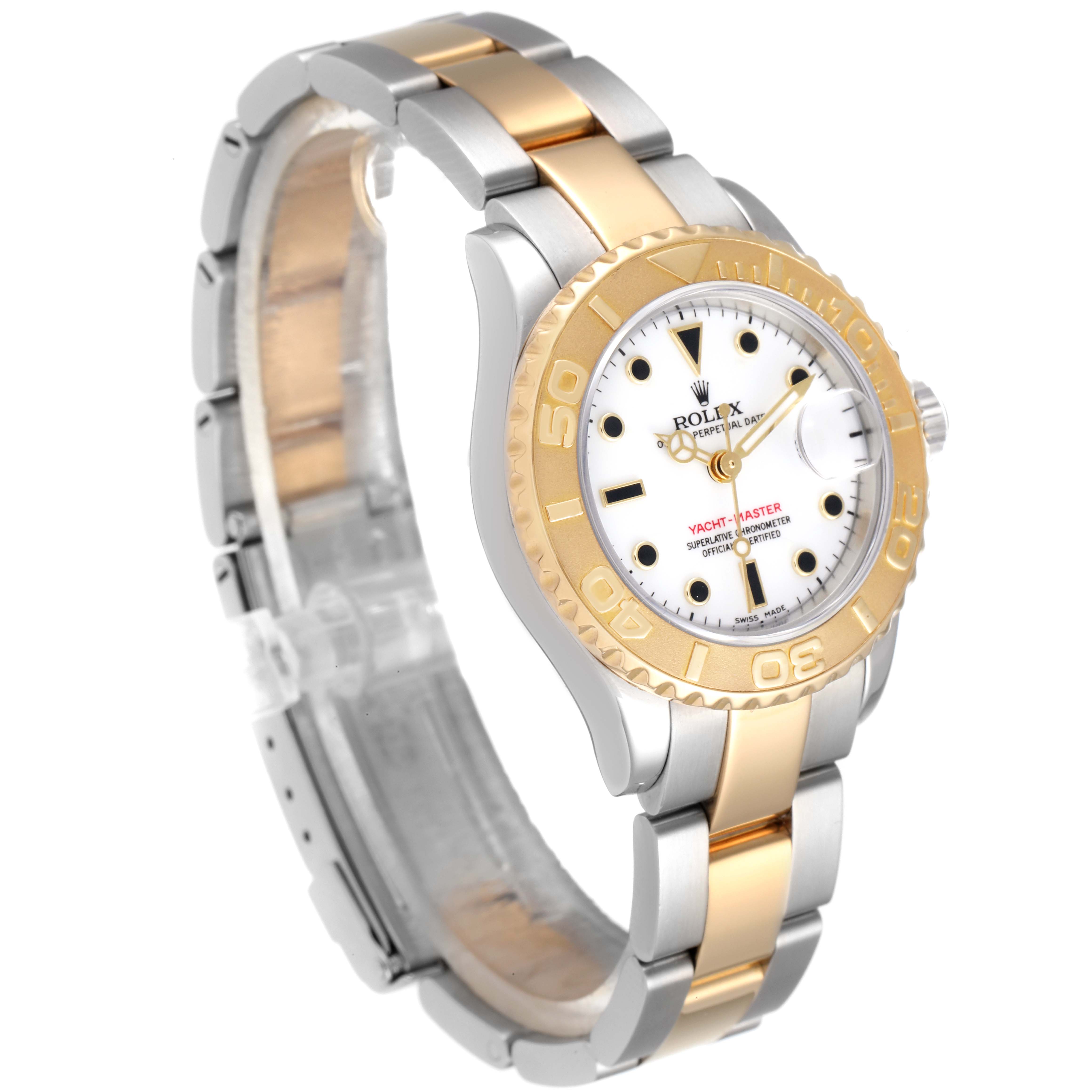 The image shows a Rolex Yacht-Master 169623 Women
s Steel and Gold (two tone) White Dial 169623 Women
s Steel and Gold (two tone) White Dial watch at an angle highlighting its two-tone bracelet, dial, and bezel.