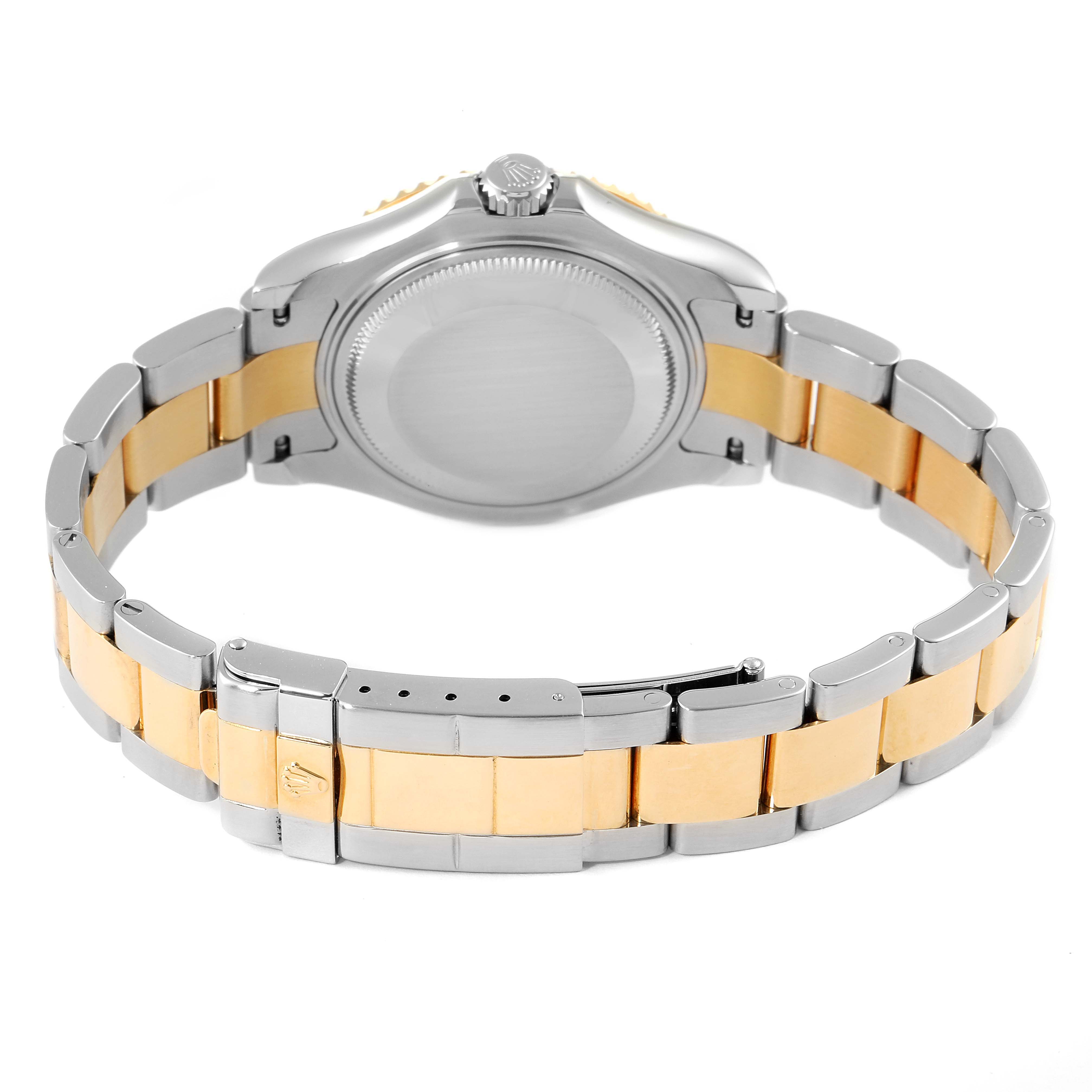 This image shows the back and bracelet of a Rolex Yacht-Master 168623 Men
s Steel and Gold (two tone) White Dial 168623 Men
s Steel and Gold (two tone) White Dial watch, highlighting its two-tone metal design.