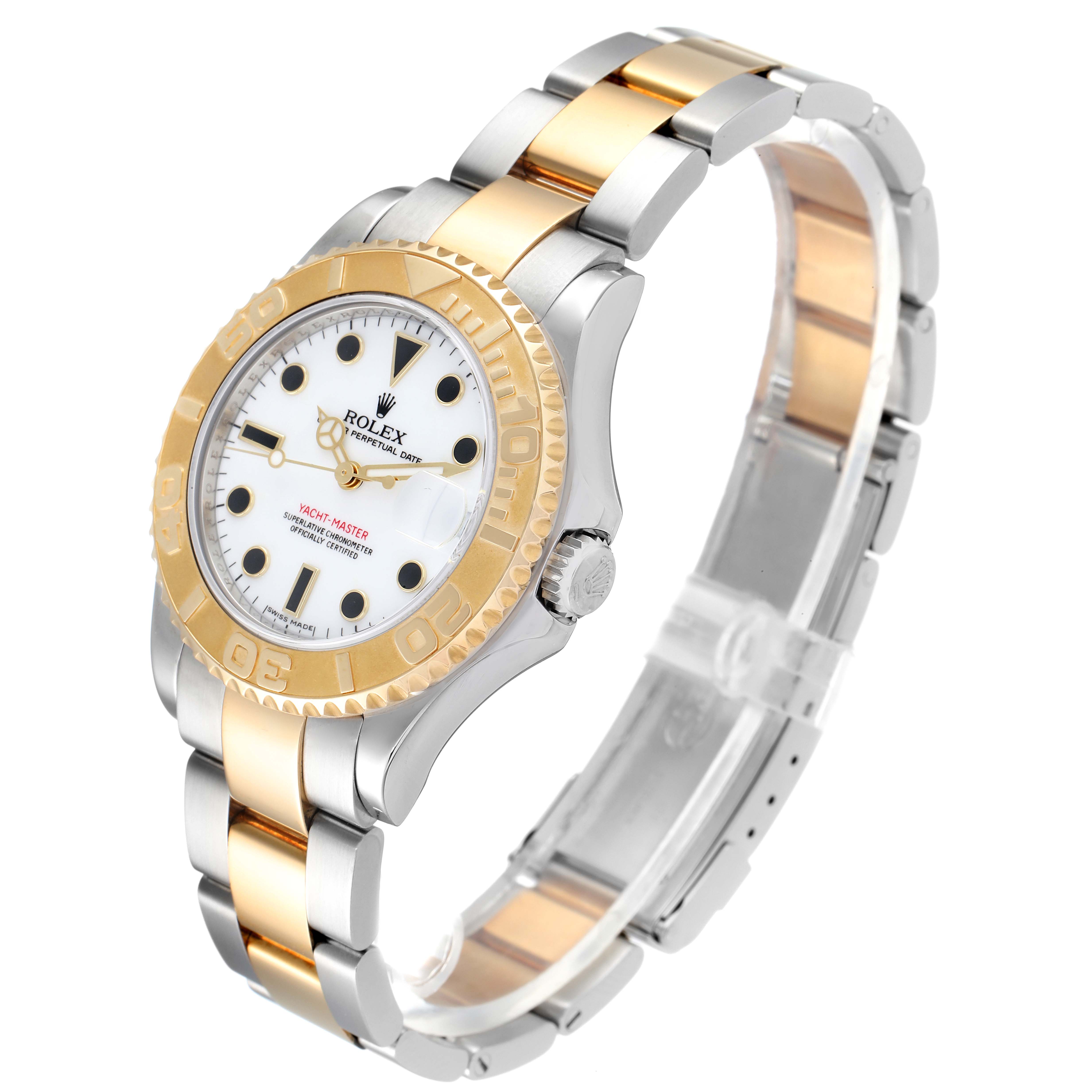 The Rolex Yacht-Master 168623 Men
s Steel and Gold (two tone) White Dial 168623 Men
s Steel and Gold (two tone) White Dial watch is shown at an angle displaying the face, bezel, crown, and bracelet.