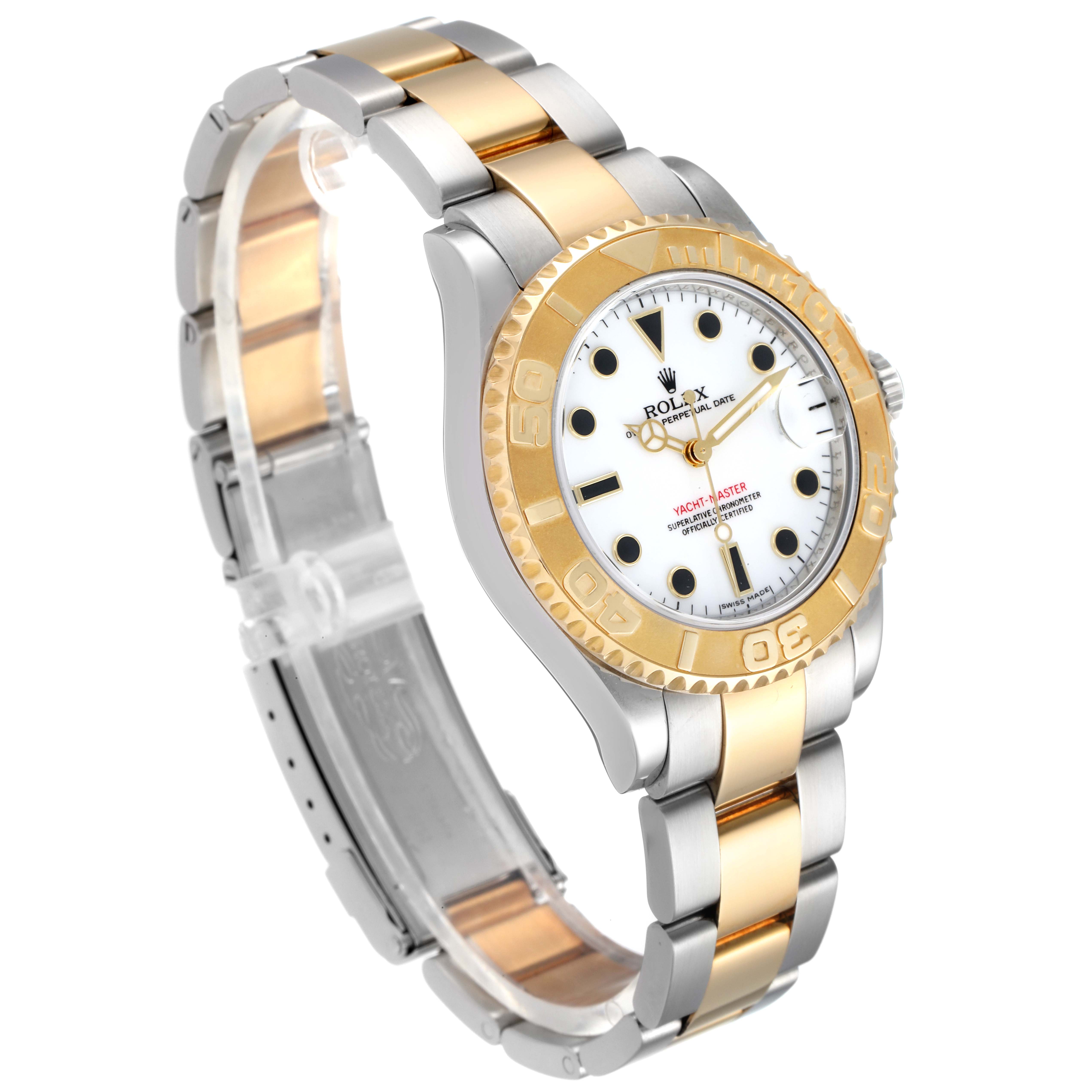 The Rolex Yacht-Master 168623 Men
s Steel and Gold (two tone) White Dial 168623 Men
s Steel and Gold (two tone) White Dial watch is shown angled to the left, displaying the face, bezel, crown, and two-tone bracelet.