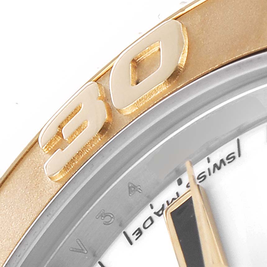 This close-up image of the Rolex Yacht-Master 168623 Men
s Steel and Gold (two tone) White Dial 168623 Men
s Steel and Gold (two tone) White Dial watch shows part of the bezel and dial with the number "30" prominently visible.