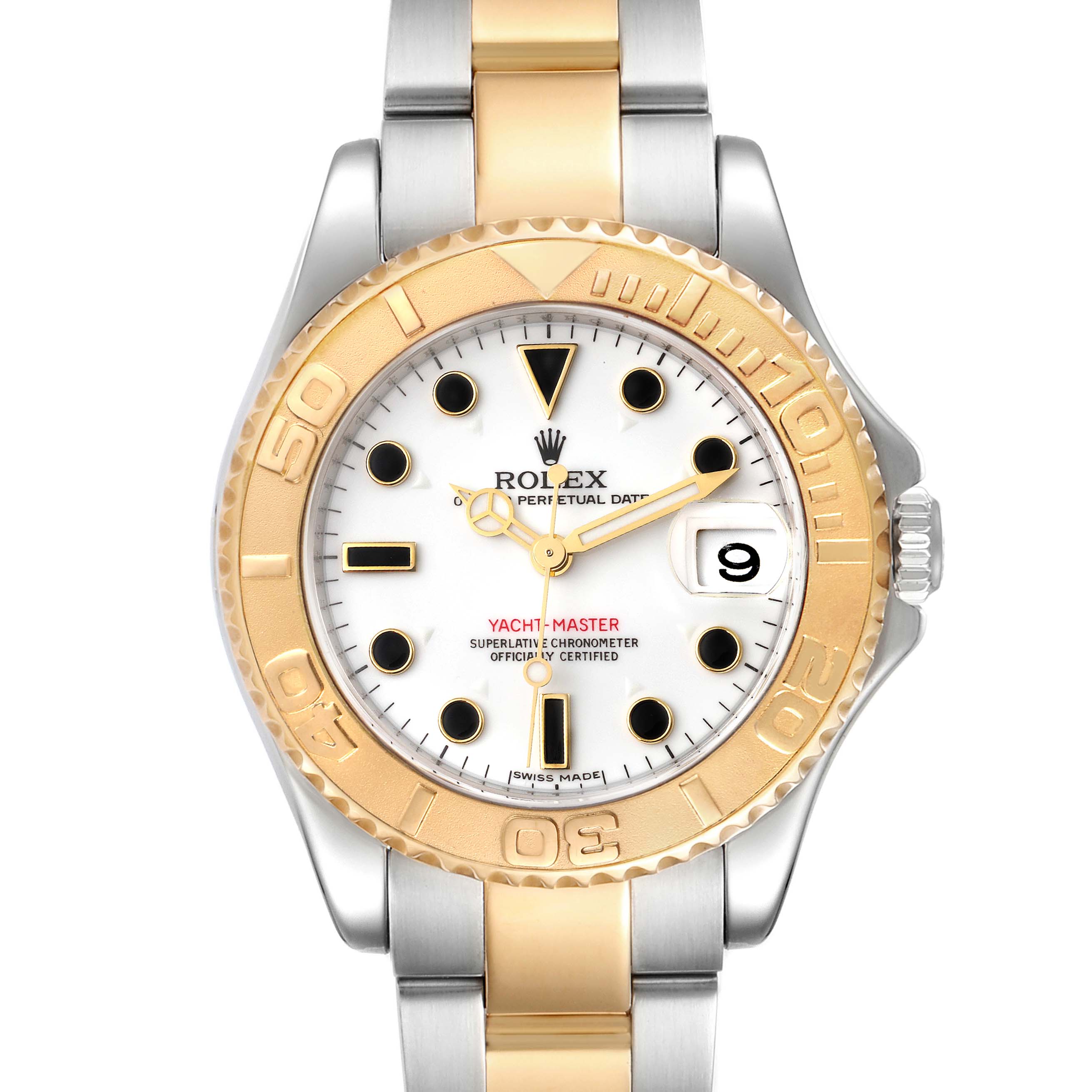 This Rolex Yacht-Master 168623 Men
s Steel and Gold (two tone) White Dial 168623 Men
s Steel and Gold (two tone) White Dial watch is shown from a top-down angle, displaying its face, bezel, and part of the bracelet.