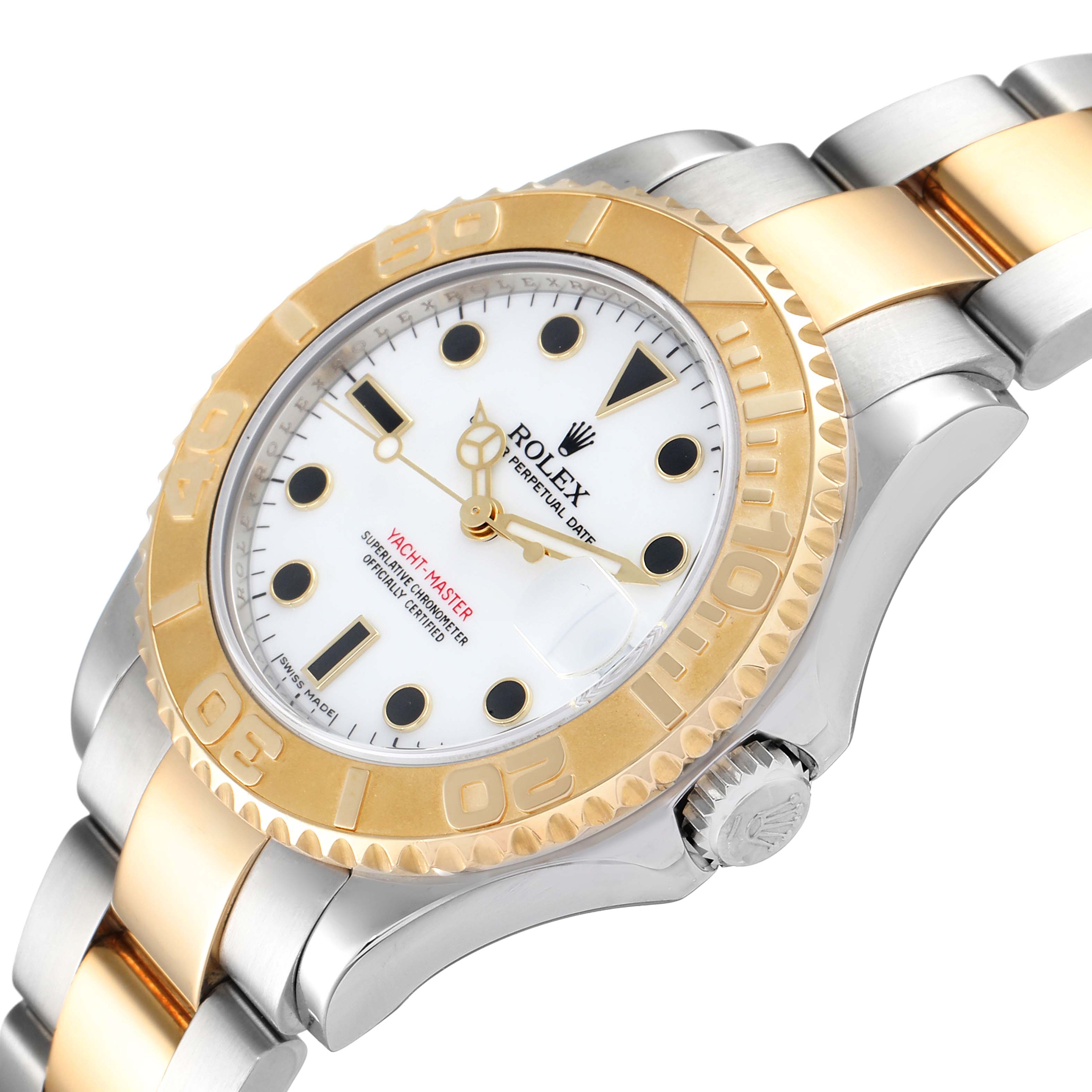 This image shows a Rolex Yacht-Master 168623 Men
s Steel and Gold (two tone) White Dial 168623 Men
s Steel and Gold (two tone) White Dial model watch at an angled close-up, highlighting the bezel, dial, and bracelet.