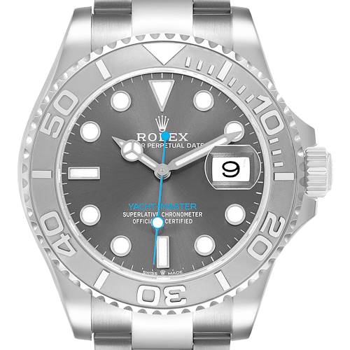 The Rolex Yacht-Master M126622-0001 Men's Stainless Steel Grey Dial watch is shown from the front, displaying its bezel, dial, hour markers, hands, and date window clearly.