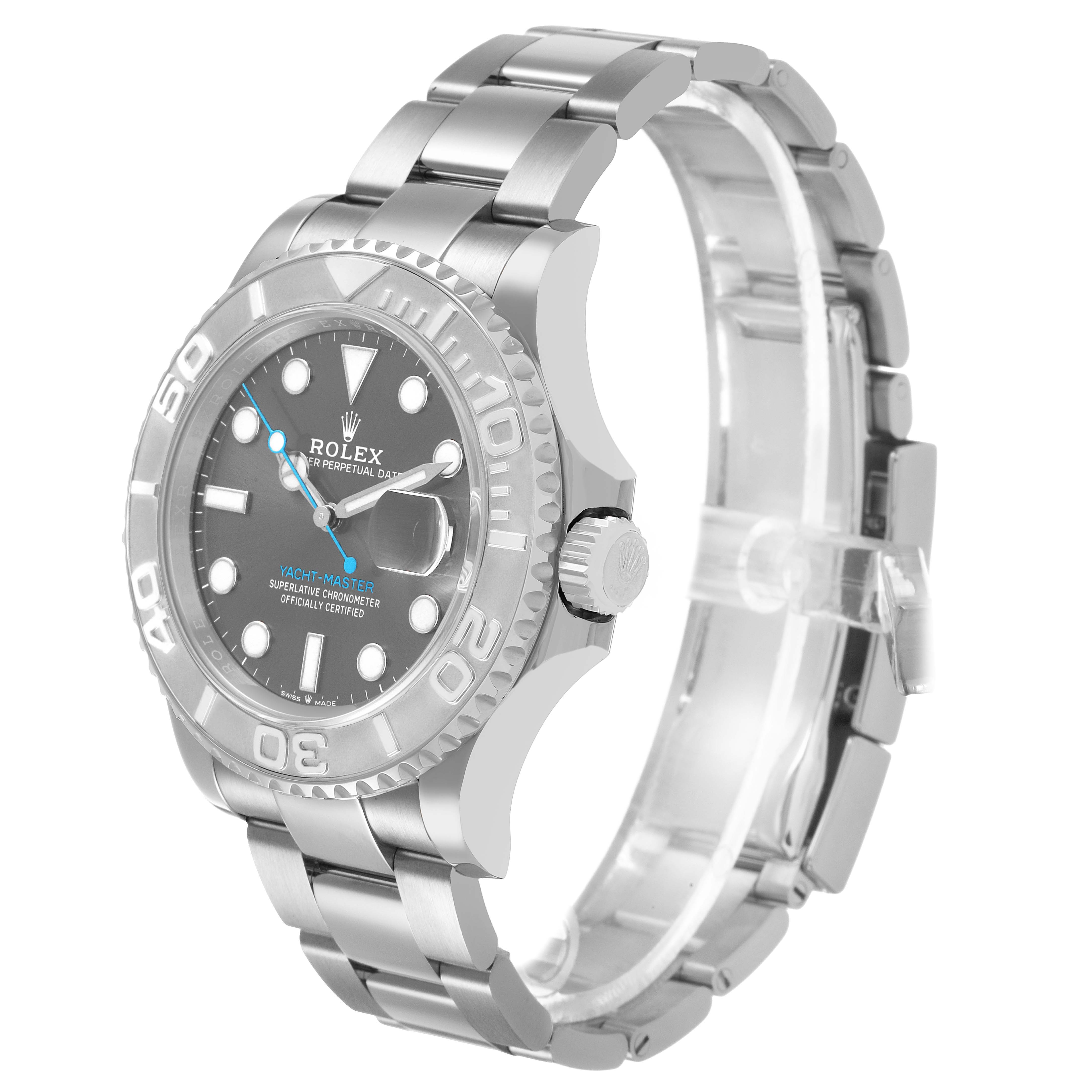 The Rolex Yacht-Master M126622-0001 Men's Stainless Steel Grey Dial watch is shown at a three-quarter angle, displaying the dial, bezel, crown, and bracelet.