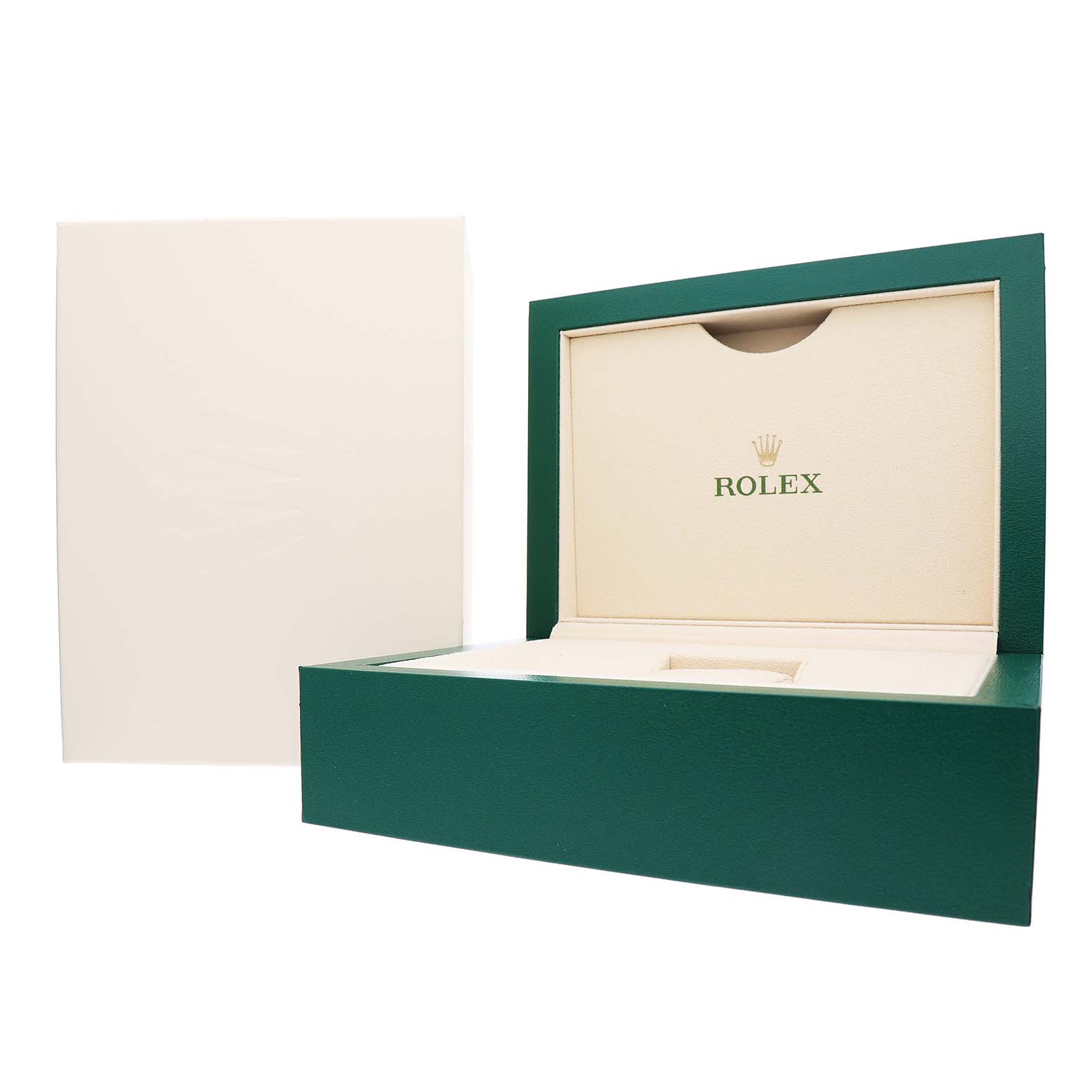 The image shows a green and beige Rolex Yacht-Master M126622-0001 Men's Stainless Steel Grey Dial watch box, open to reveal the interior with the logo visible.