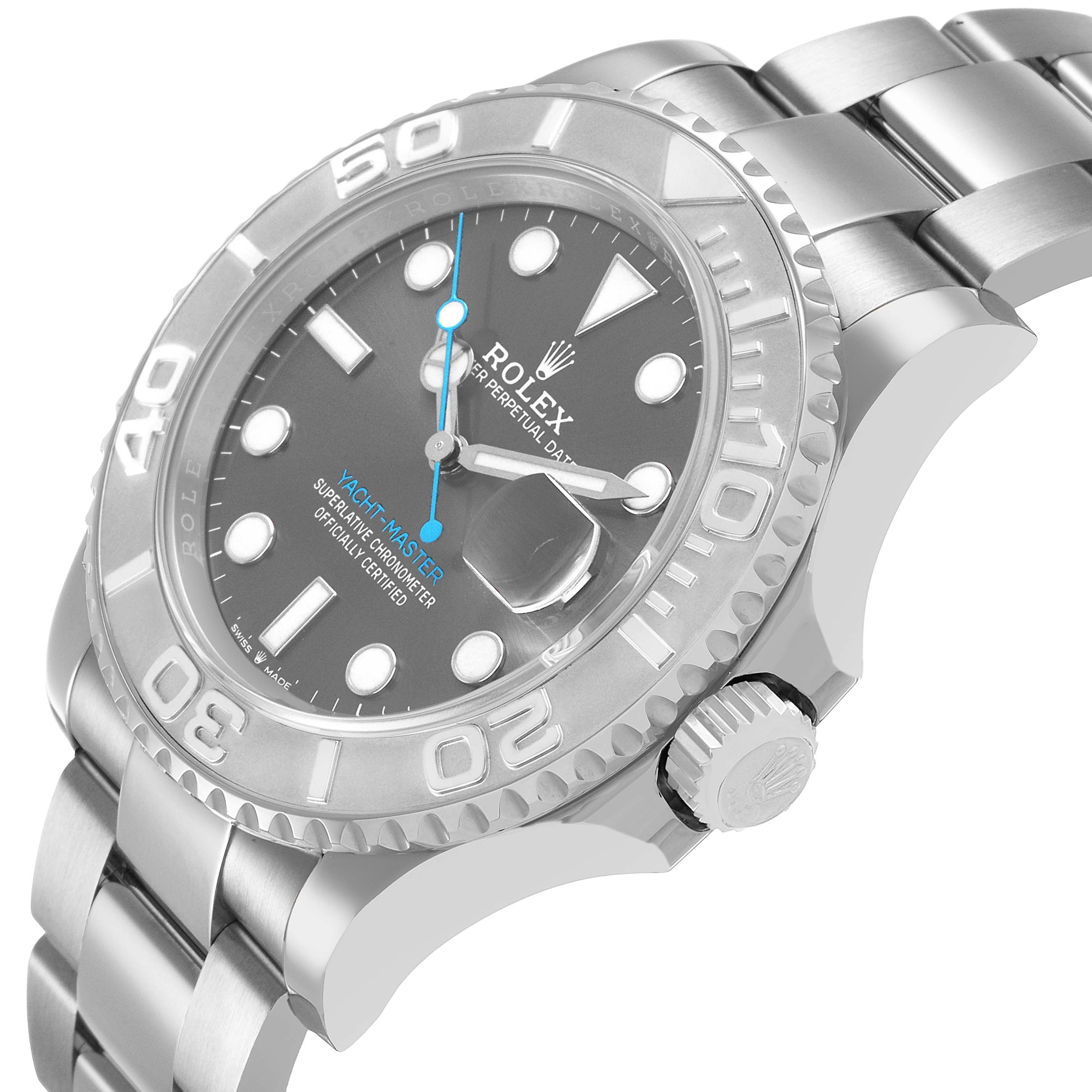 The image shows a Rolex Yacht-Master M126622-0001 Men's Stainless Steel Grey Dial watch at an angled view, highlighting the dial, bezel, and bracelet.