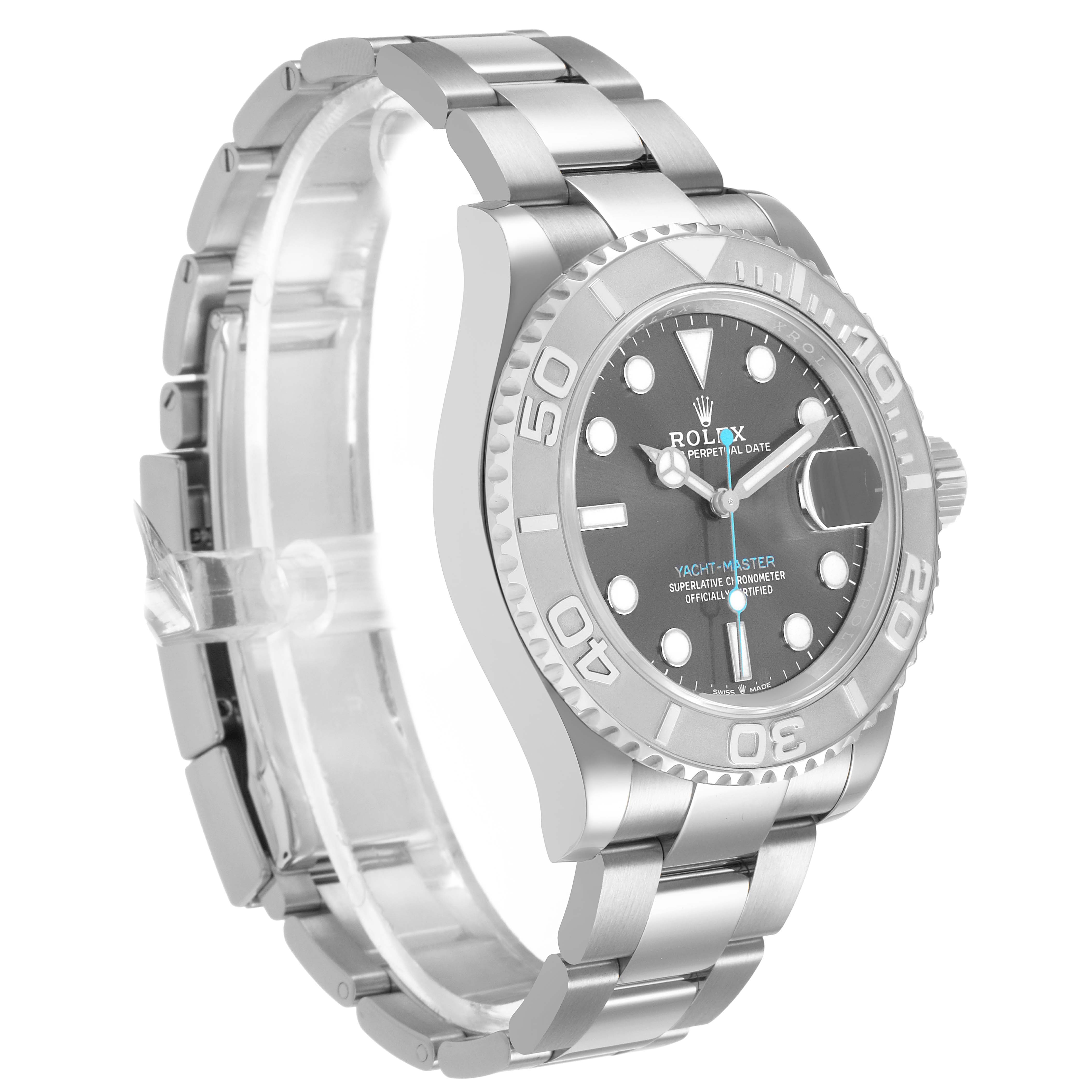 The Rolex Yacht-Master M126622-0001 Men's Stainless Steel Grey Dial watch is shown at a three-quarter angle, displaying the face, bezel, and part of the bracelet.