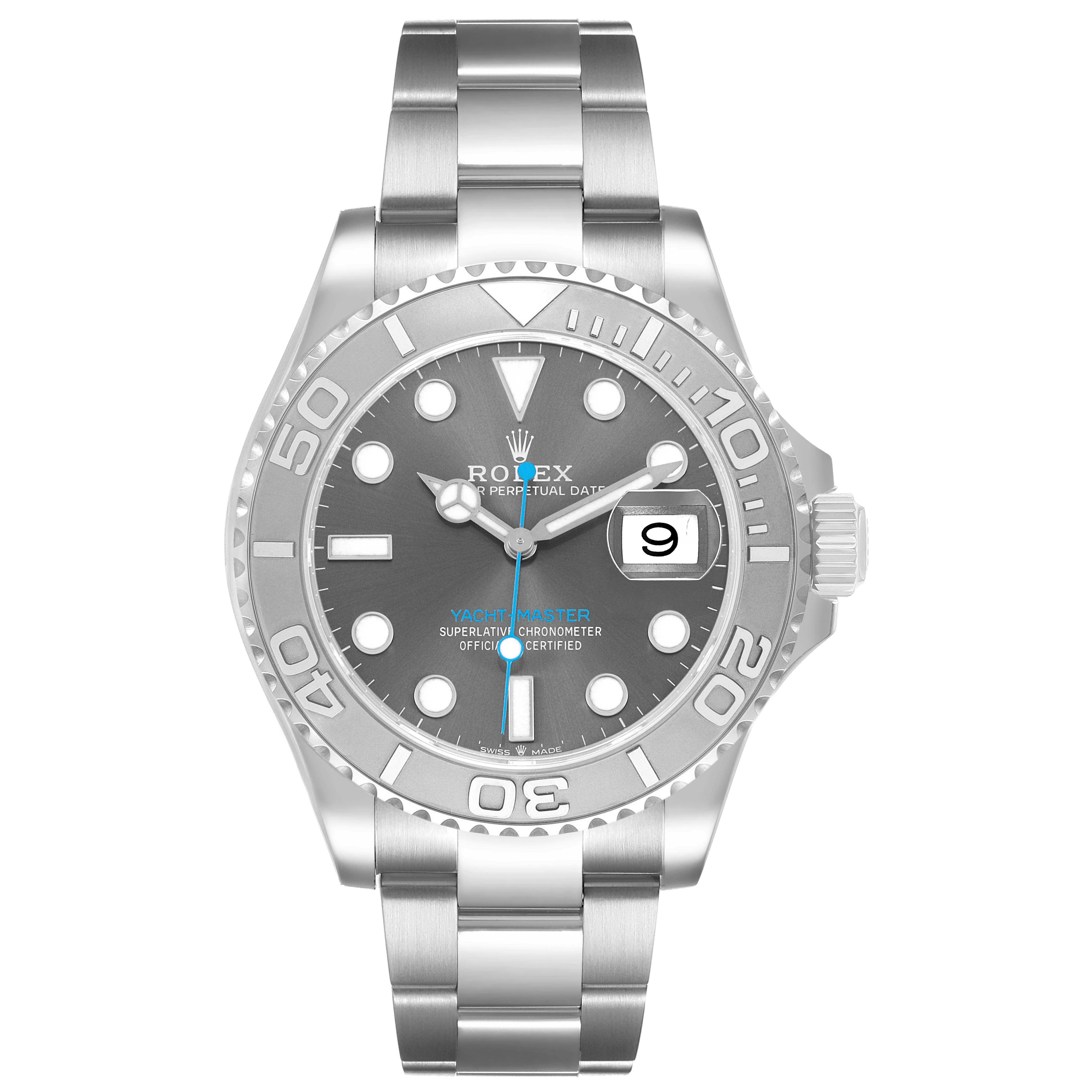The Rolex Yacht-Master M126622-0001 Men's Stainless Steel Grey Dial watch is shown from a front angle highlighting the face, bezel, and bracelet.