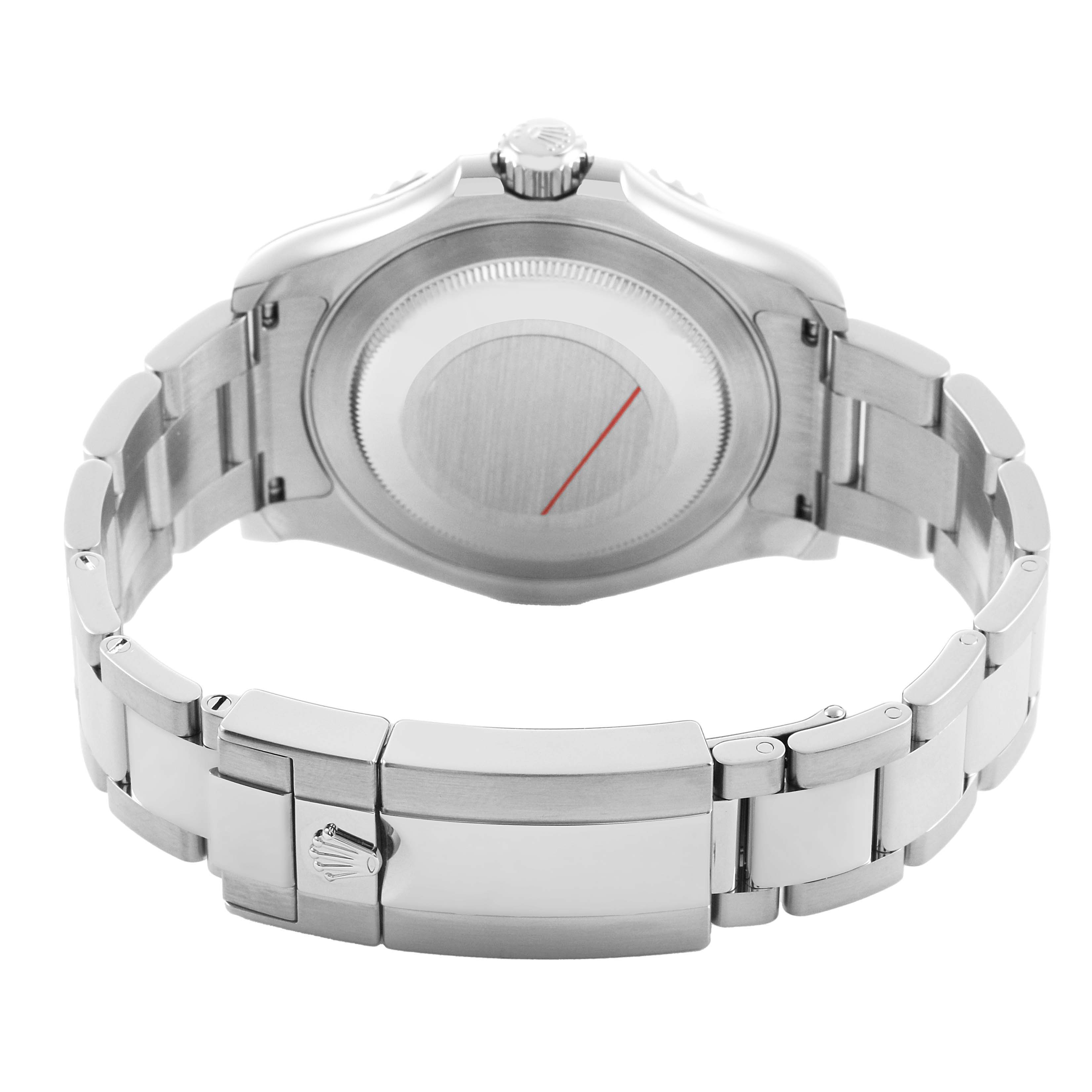 The Rolex Yacht-Master M126622-0001 Men's Stainless Steel Grey Dial watch is shown from the back, highlighting the case back, crown, and metal bracelet with clasp.
