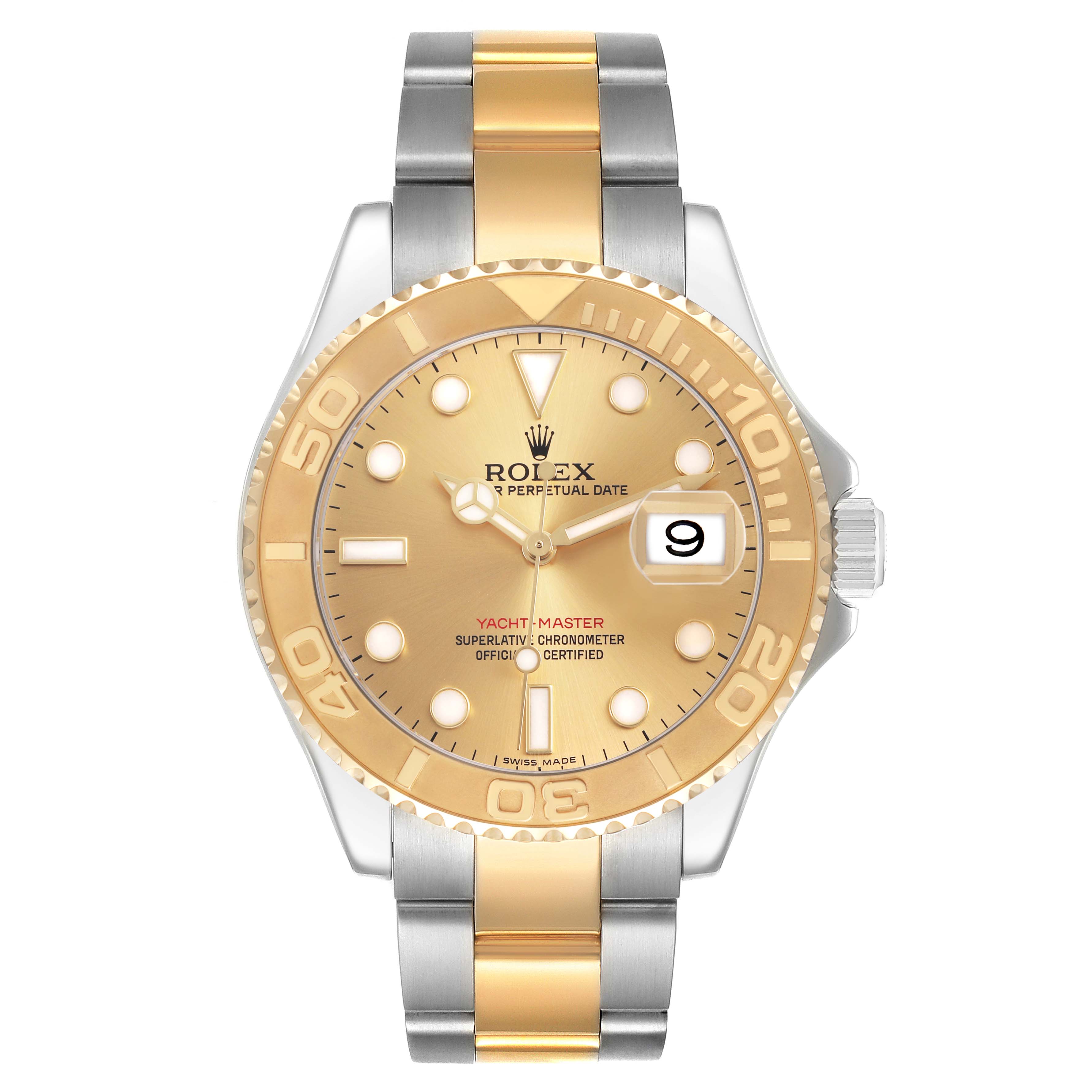 The Rolex Yacht-Master 16623 Men's Stainless Steel Champagne Dial watch is shown from the front, highlighting its gold bezel, dial, hands, and two-tone bracelet.