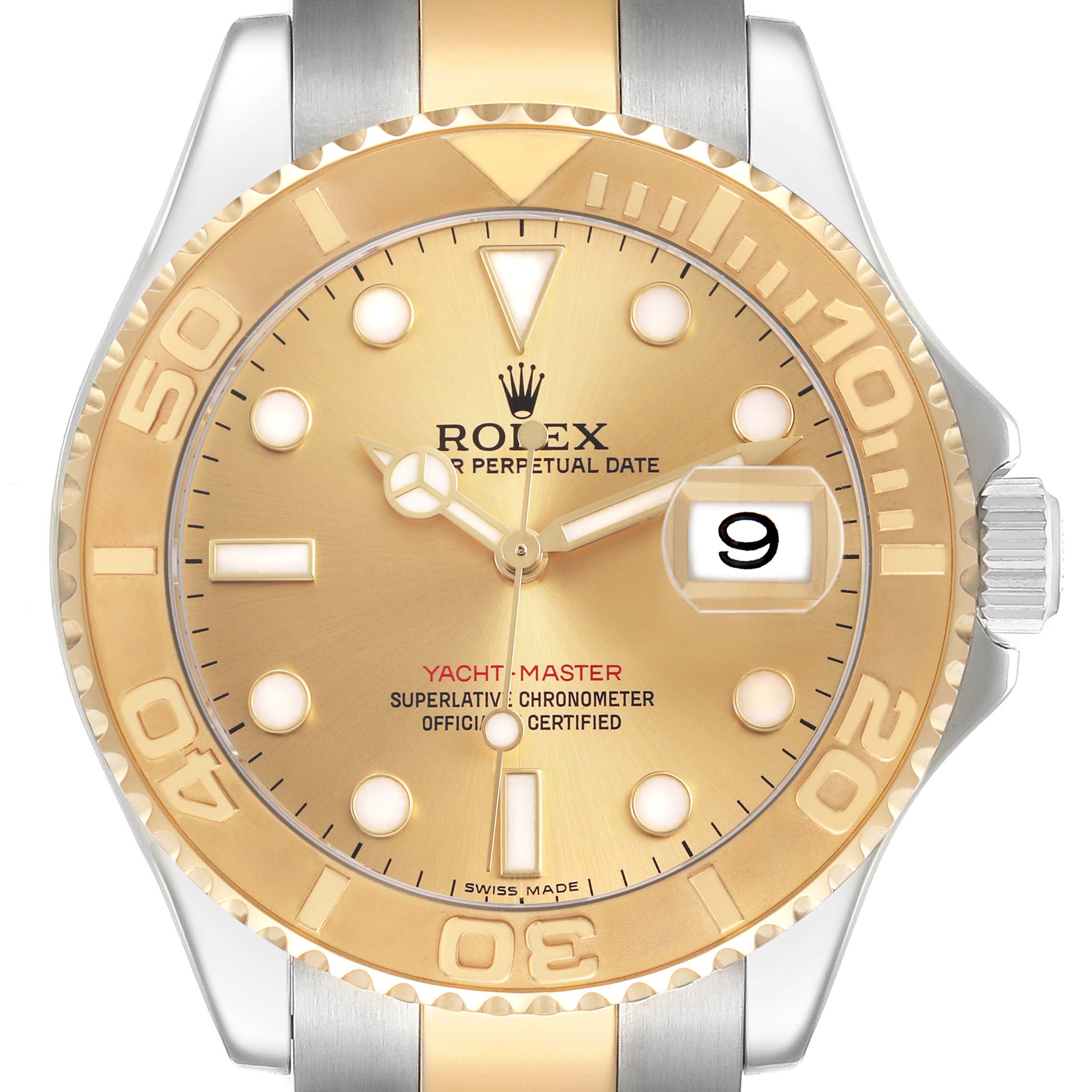 The Rolex Yacht-Master 16623 Men's Stainless Steel Champagne Dial is shown from a front angle, highlighting the bezel, face, hands, and date window.