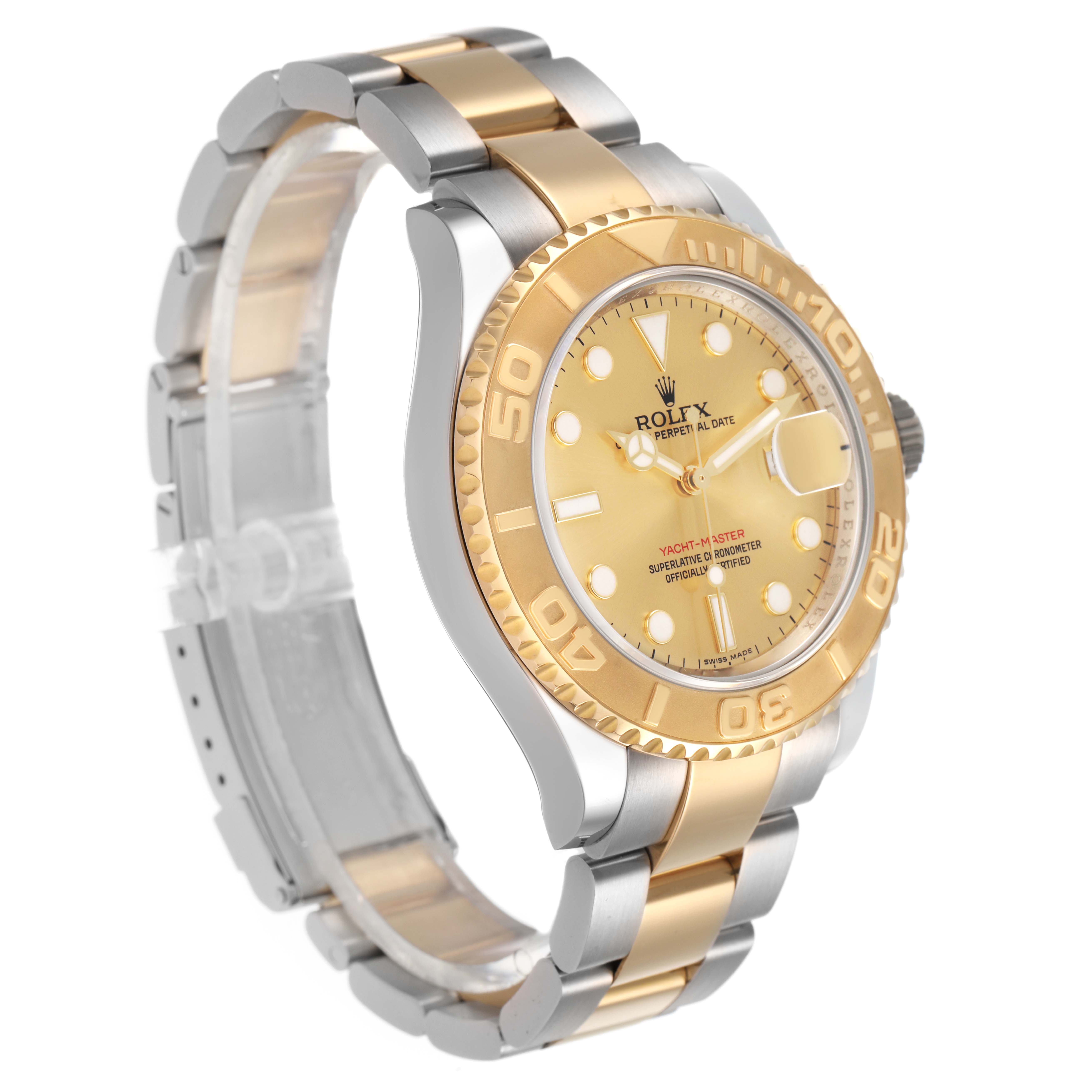 The Rolex Yacht-Master 16623 Men's Stainless Steel Champagne Dial is shown from a three-quarter angle, highlighting the bezel, dial, and two-tone bracelet.