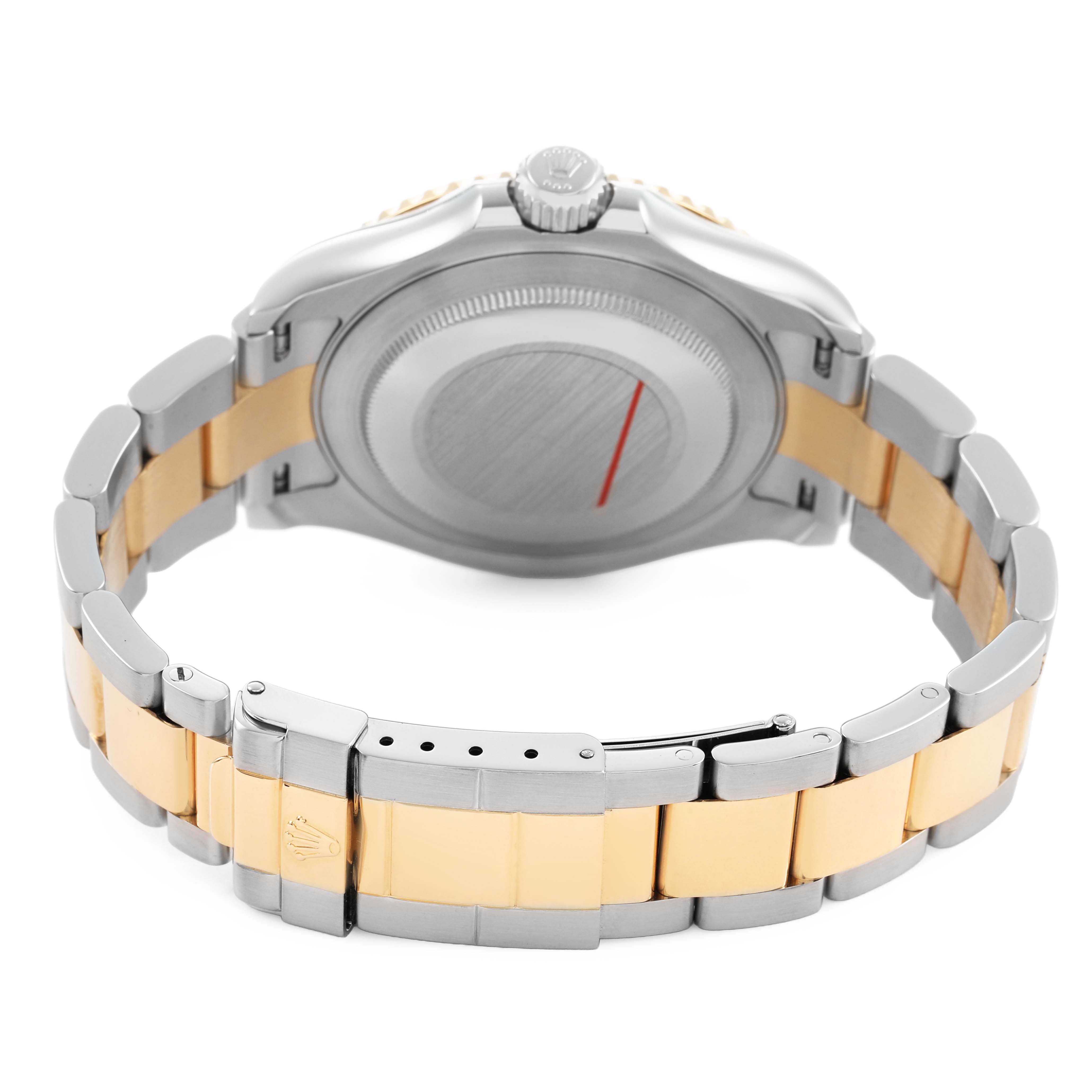 The image shows the back and side view of a Rolex Yacht-Master 16623 Men's Stainless Steel Champagne Dial, highlighting its two-tone bracelet and clasp.