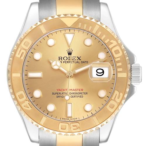 The Rolex Yacht-Master 16623 Men's Stainless Steel Champagne Dial watch is shown from a front angle, highlighting the dial, bezel, and part of the bracelet.
