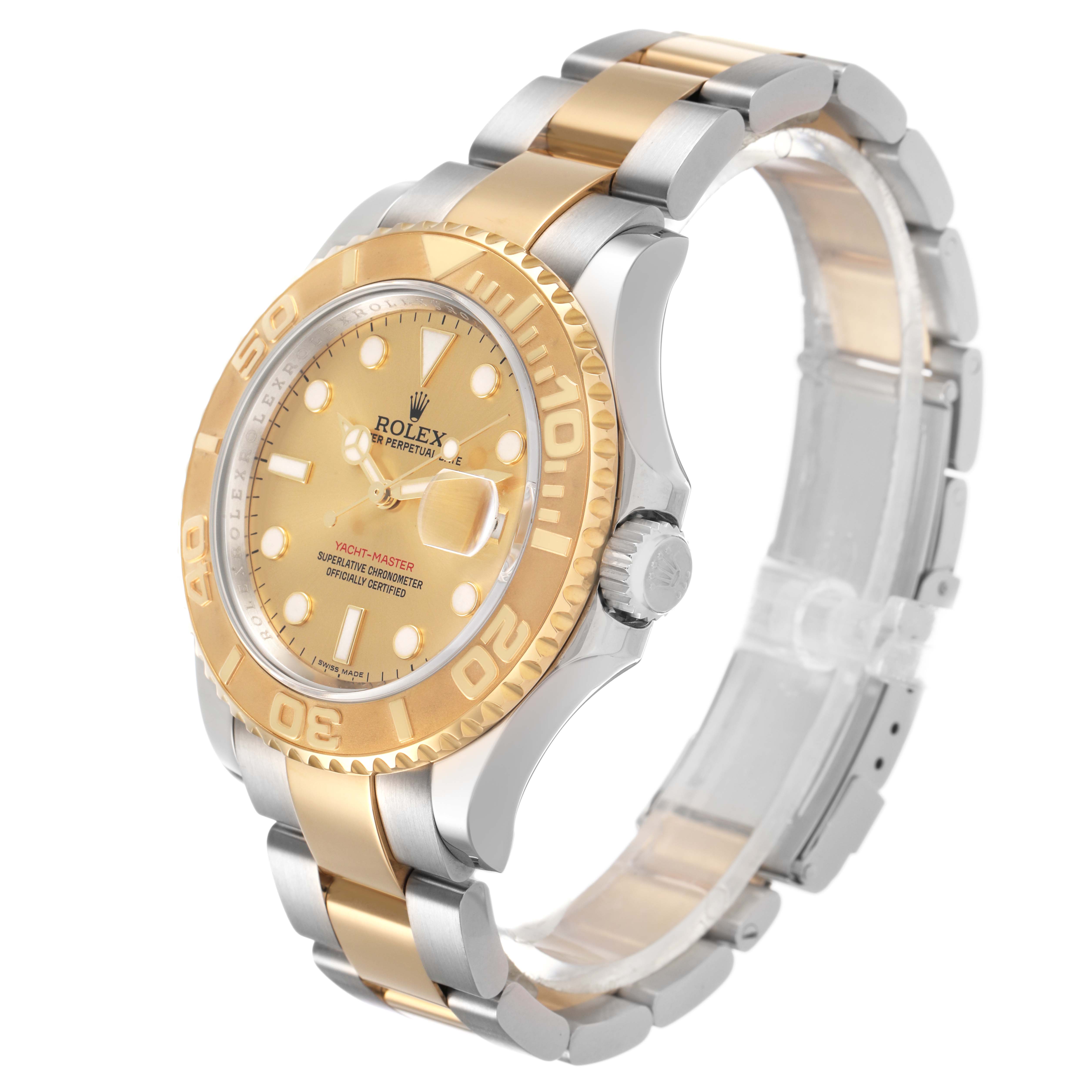 The Rolex Yacht-Master 16623 Men's Stainless Steel Champagne Dial watch is shown at a slight angle, highlighting the dial, bezel, and bracelet.