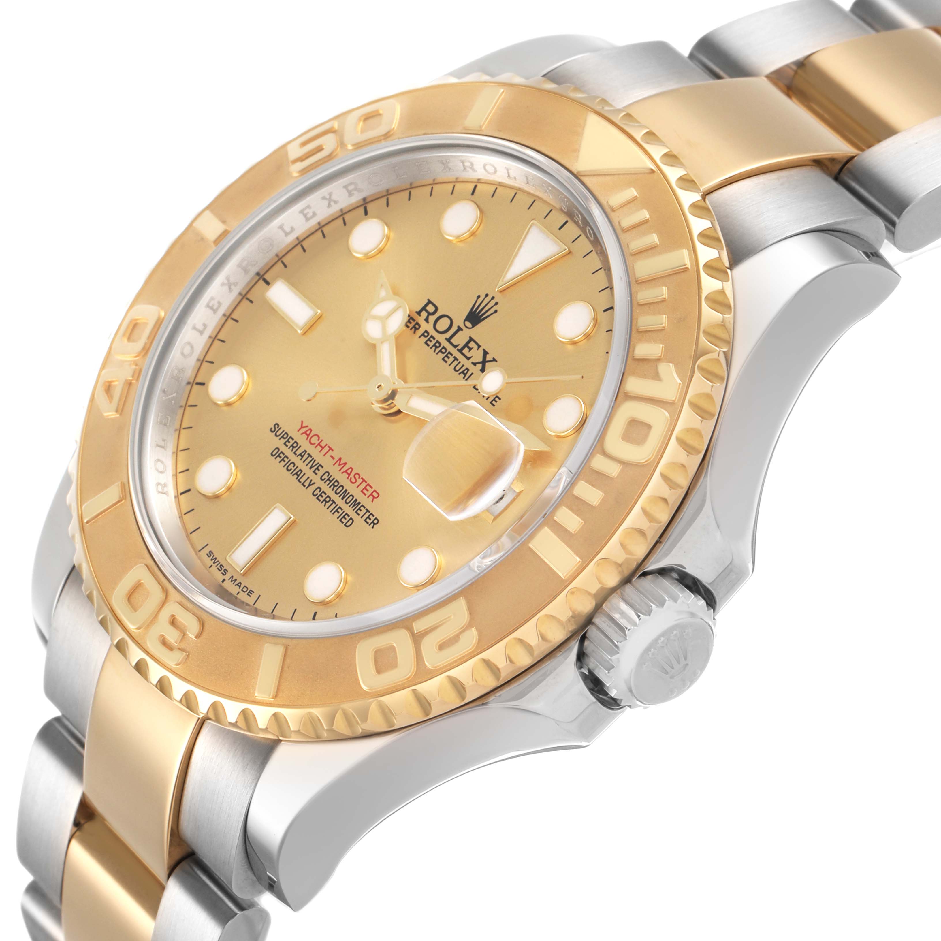 The Rolex Yacht-Master 16623 Men's Stainless Steel Champagne Dial watch is shown at an angle highlighting the gold bezel, crown, dial, and two-tone bracelet.
