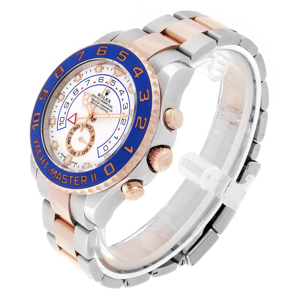 The Rolex Yacht-Master 116681 Men
s Steel and Gold (two tone) White Dial 116681 Men
s Steel and Gold (two tone) White Dial watch is shown at a side angle, highlighting the dial, bezel, crown, and bracelet.