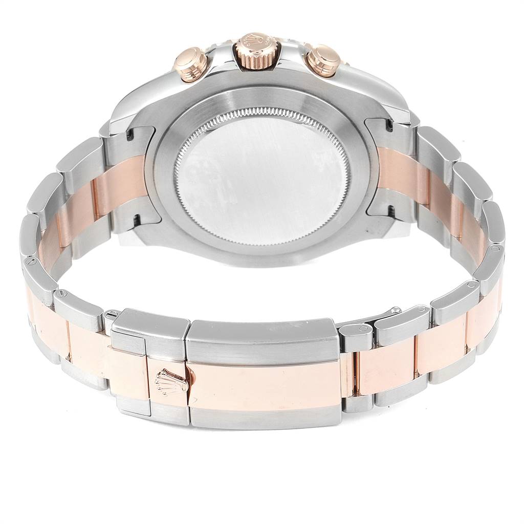 This is a rear view showing the case back, crown, pushers, and the bicolored bracelet of the Rolex Yacht-Master 116681 Men
s Steel and Gold (two tone) White Dial 116681 Men
s Steel and Gold (two tone) White Dial watch.