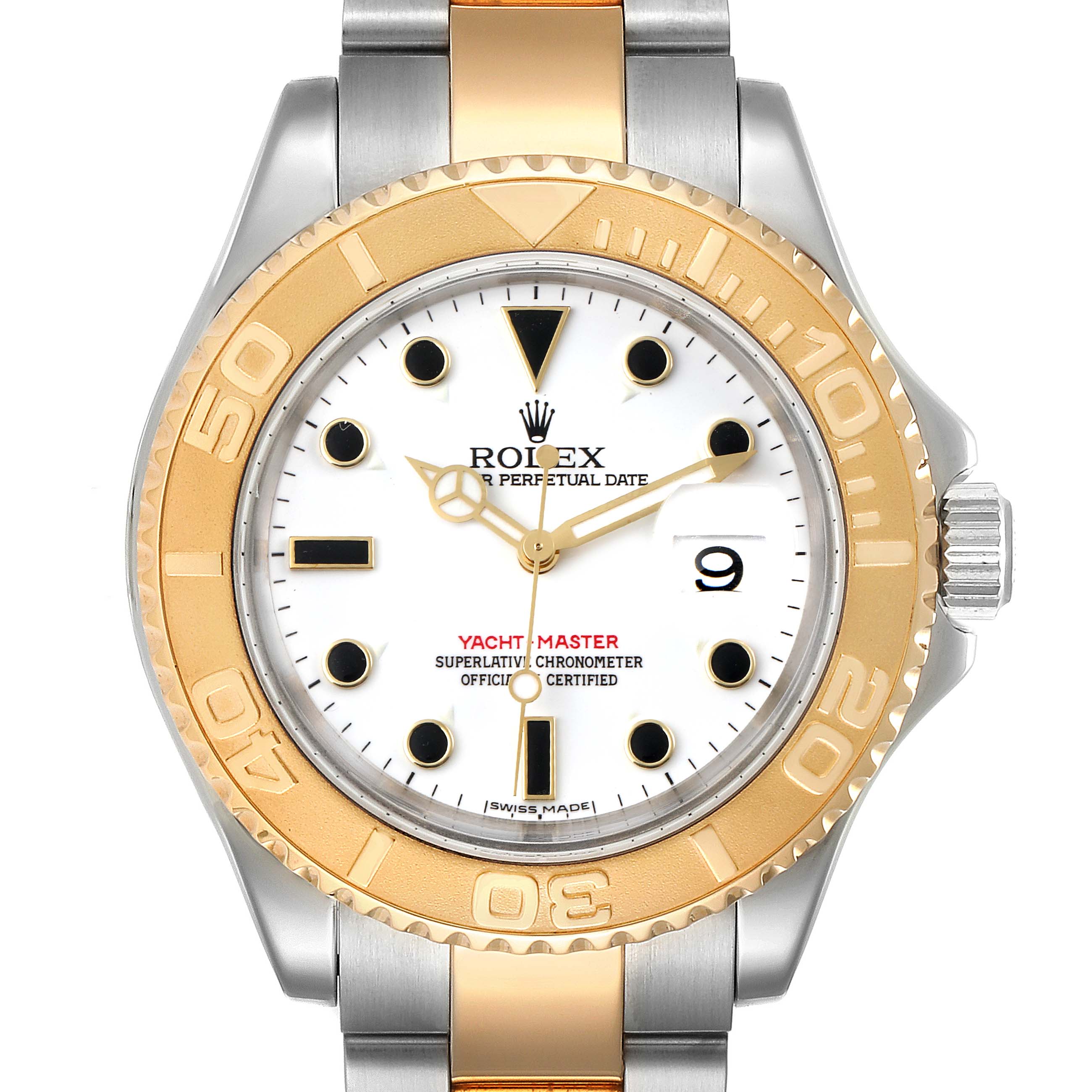 The Rolex Yacht-Master 16623 Men
s Steel and Gold (two tone) White Dial 16623 Men
s Steel and Gold (two tone) White Dial watch is shown from a front angle, highlighting its bezel, dial, hands, and bracelet.