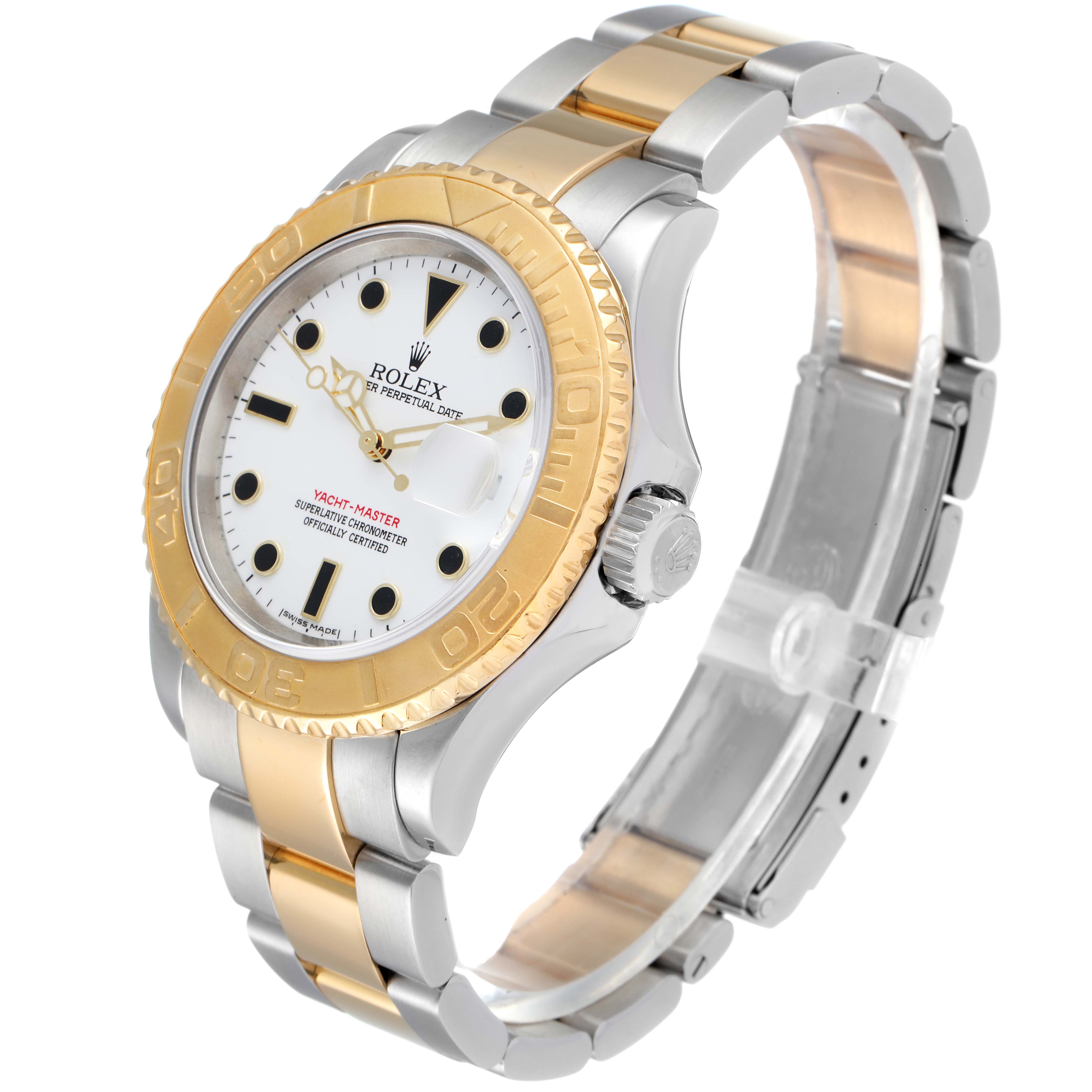 The Rolex Yacht-Master 16623 Men
s Steel and Gold (two tone) White Dial 16623 Men
s Steel and Gold (two tone) White Dial watch is shown at a three-quarter angle, highlighting its gold and silver bezel, dial, and bracelet.