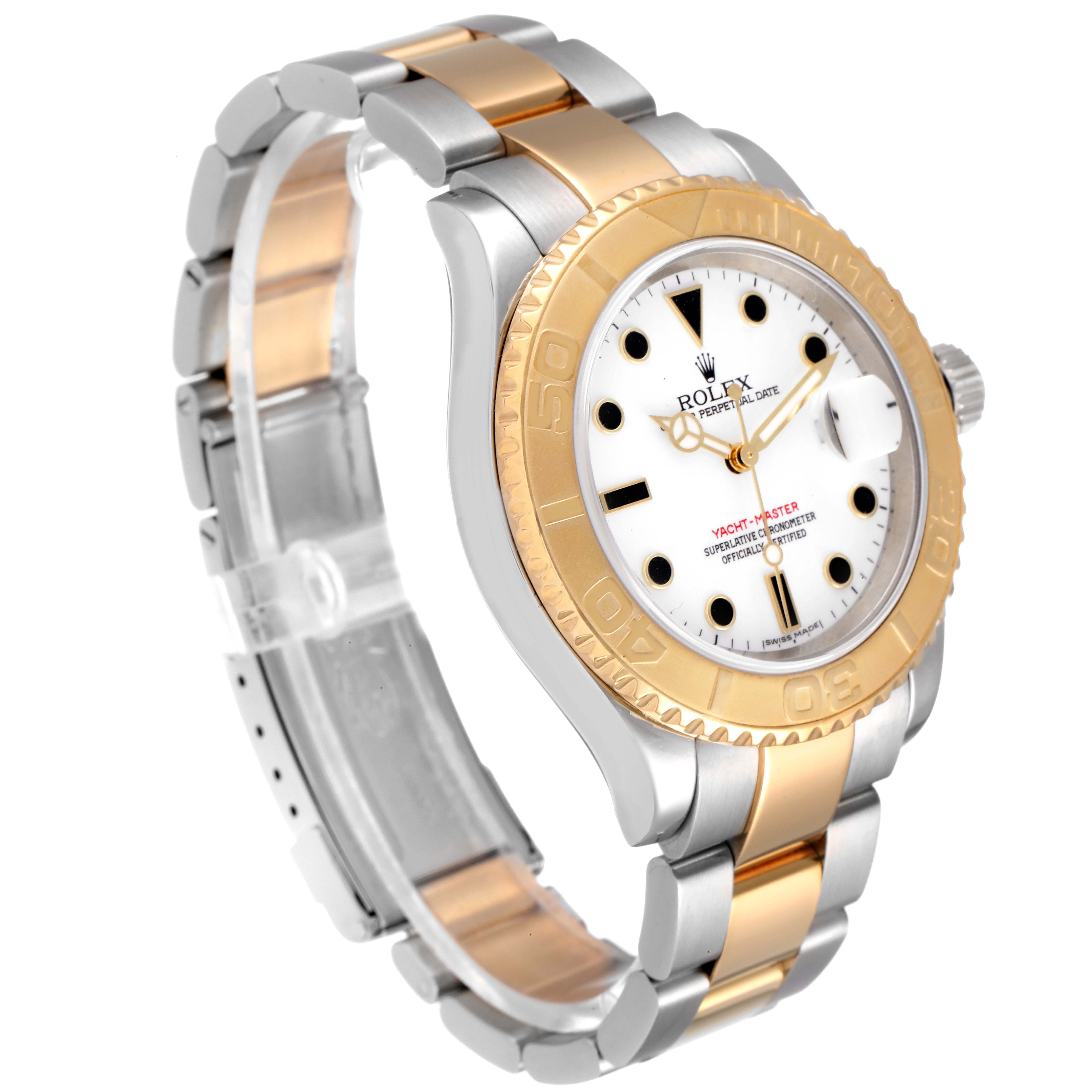 The Rolex Yacht-Master 16623 Men
s Steel and Gold (two tone) White Dial 16623 Men
s Steel and Gold (two tone) White Dial watch, shown at an angle, displays the bezel, dial, case, and two-tone bracelet.