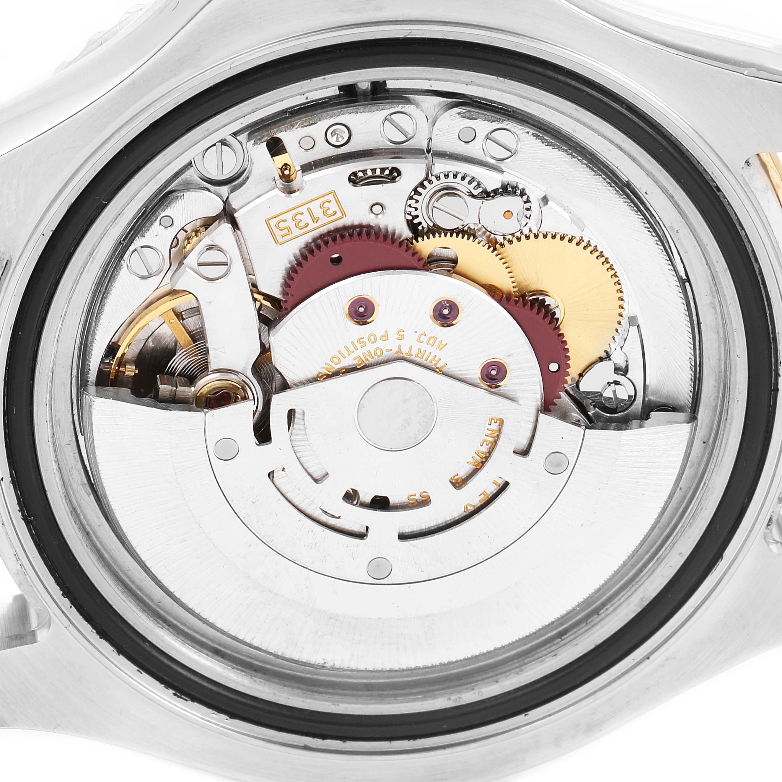 This image shows the internal automatic movement mechanism of a Rolex Yacht-Master 16623 Men
s Steel and Gold (two tone) White Dial 16623 Men
s Steel and Gold (two tone) White Dial watch from a back angle.