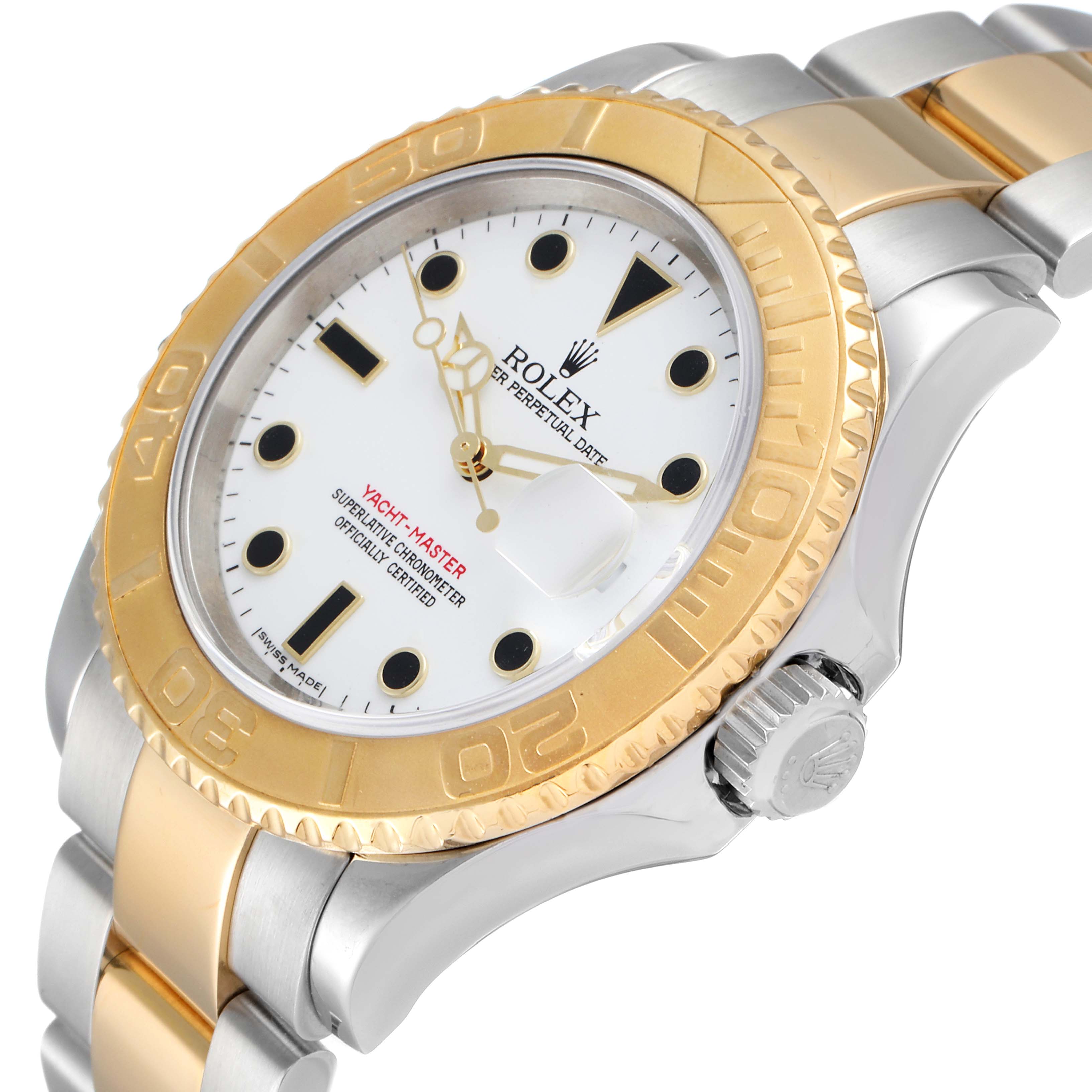 The Rolex Yacht-Master 16623 Men
s Steel and Gold (two tone) White Dial 16623 Men
s Steel and Gold (two tone) White Dial watch is shown at a slight angle, highlighting its gold bezel, white dial, and crown.