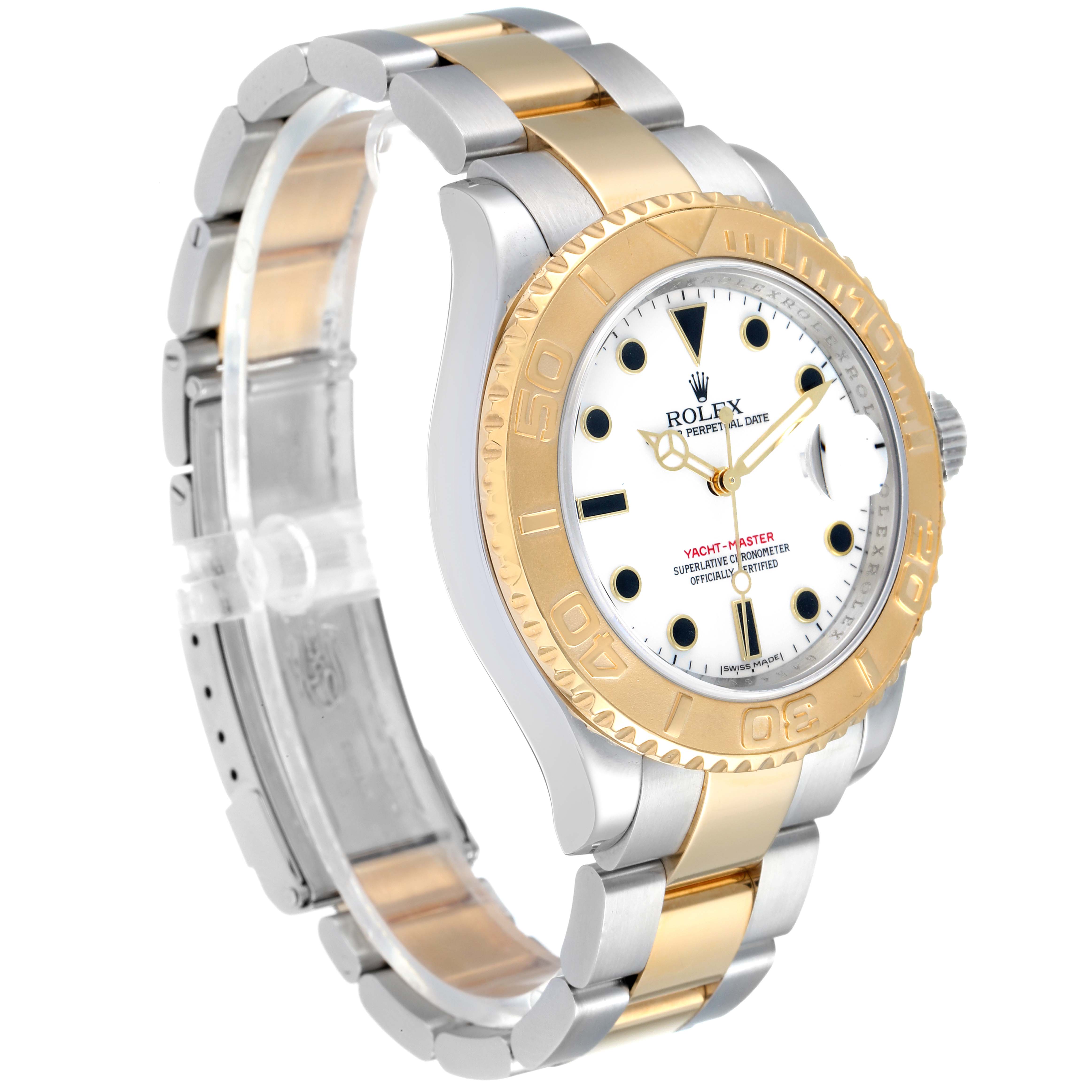 The image shows a side angle of the Rolex Yacht-Master 16623 Men
s Steel and Gold (two tone) White Dial 16623 Men
s Steel and Gold (two tone) White Dial watch, highlighting its two-tone bracelet, bezel, and dial.
