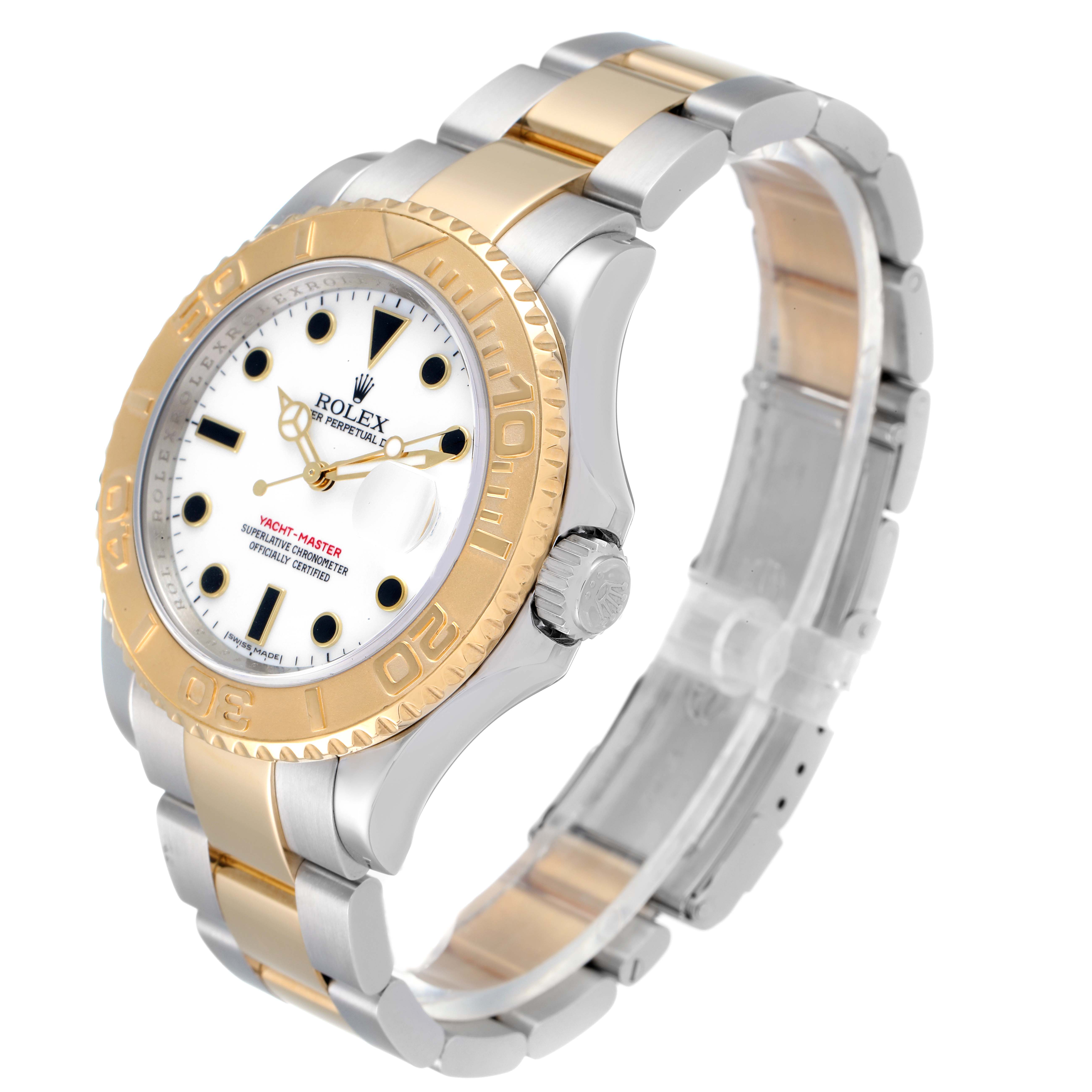 The image shows a Rolex Yacht-Master 16623 Men
s Steel and Gold (two tone) White Dial 16623 Men
s Steel and Gold (two tone) White Dial watch at an angled view, displaying the bracelet, dial, bezel, and crown.