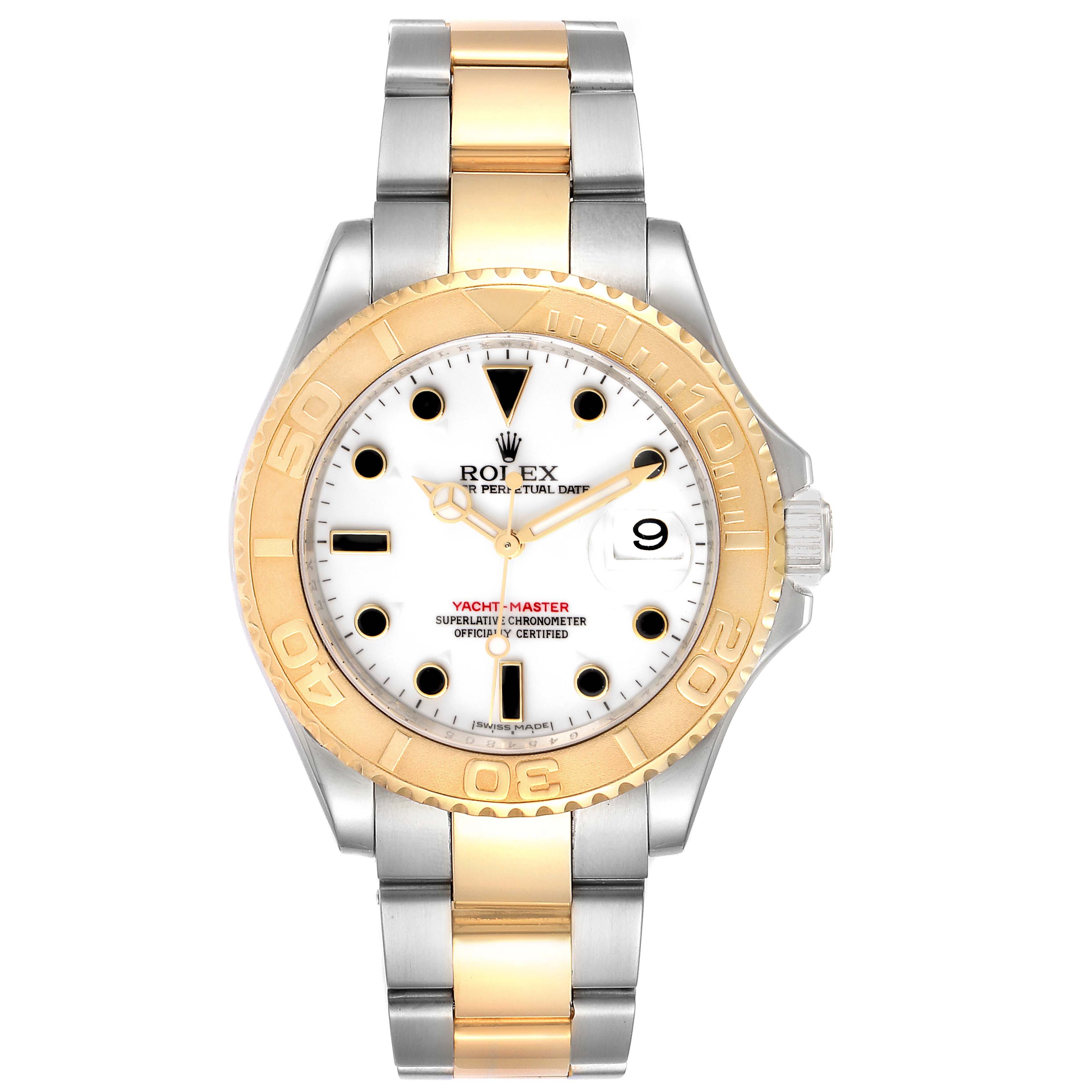 This image shows a front view of a Rolex Yacht-Master 16623 Men
s Steel and Gold (two tone) White Dial 16623 Men
s Steel and Gold (two tone) White Dial watch, featuring its dial, bezel, and two-tone bracelet.
