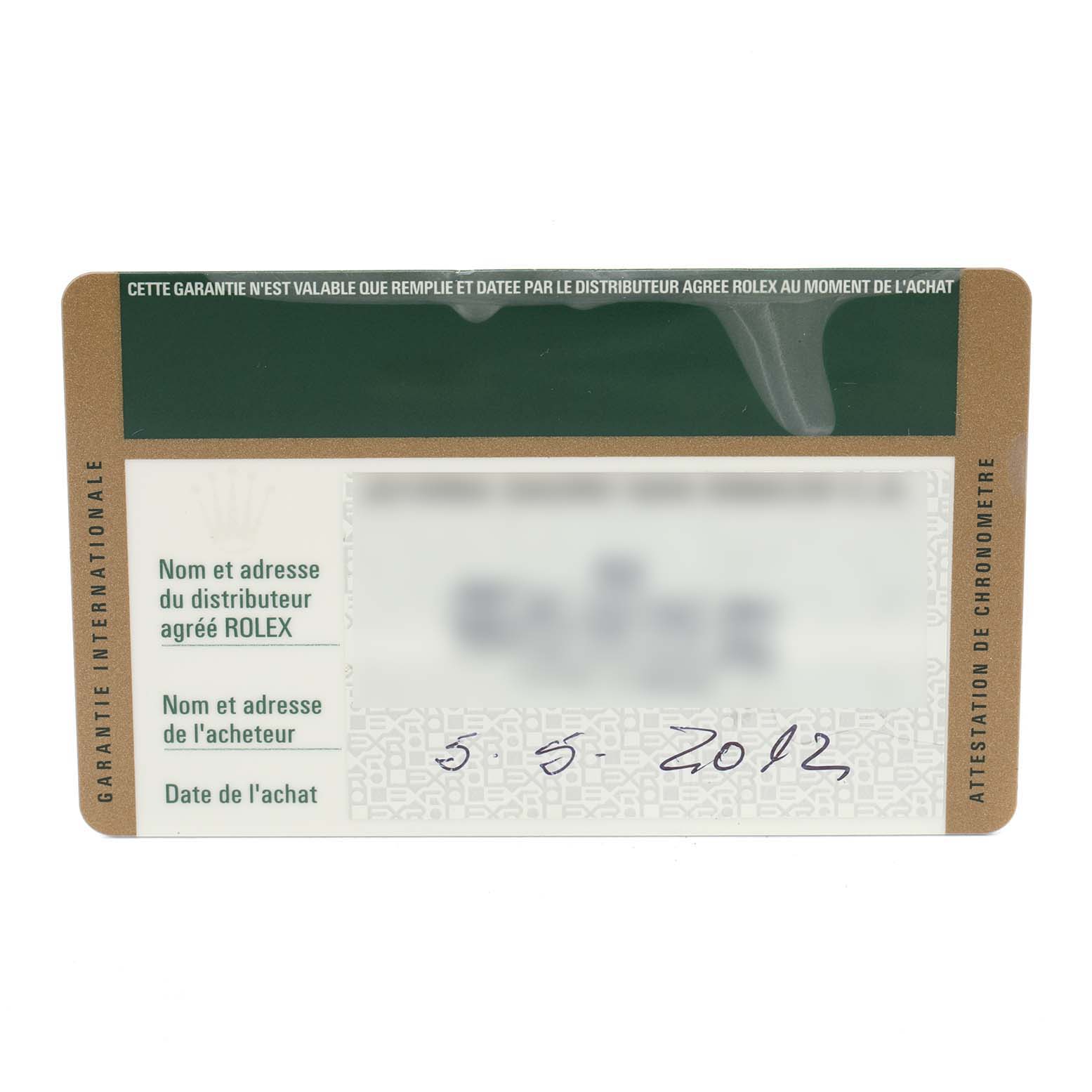 The image shows a warranty card for the Yacht-Master model by Rolex.