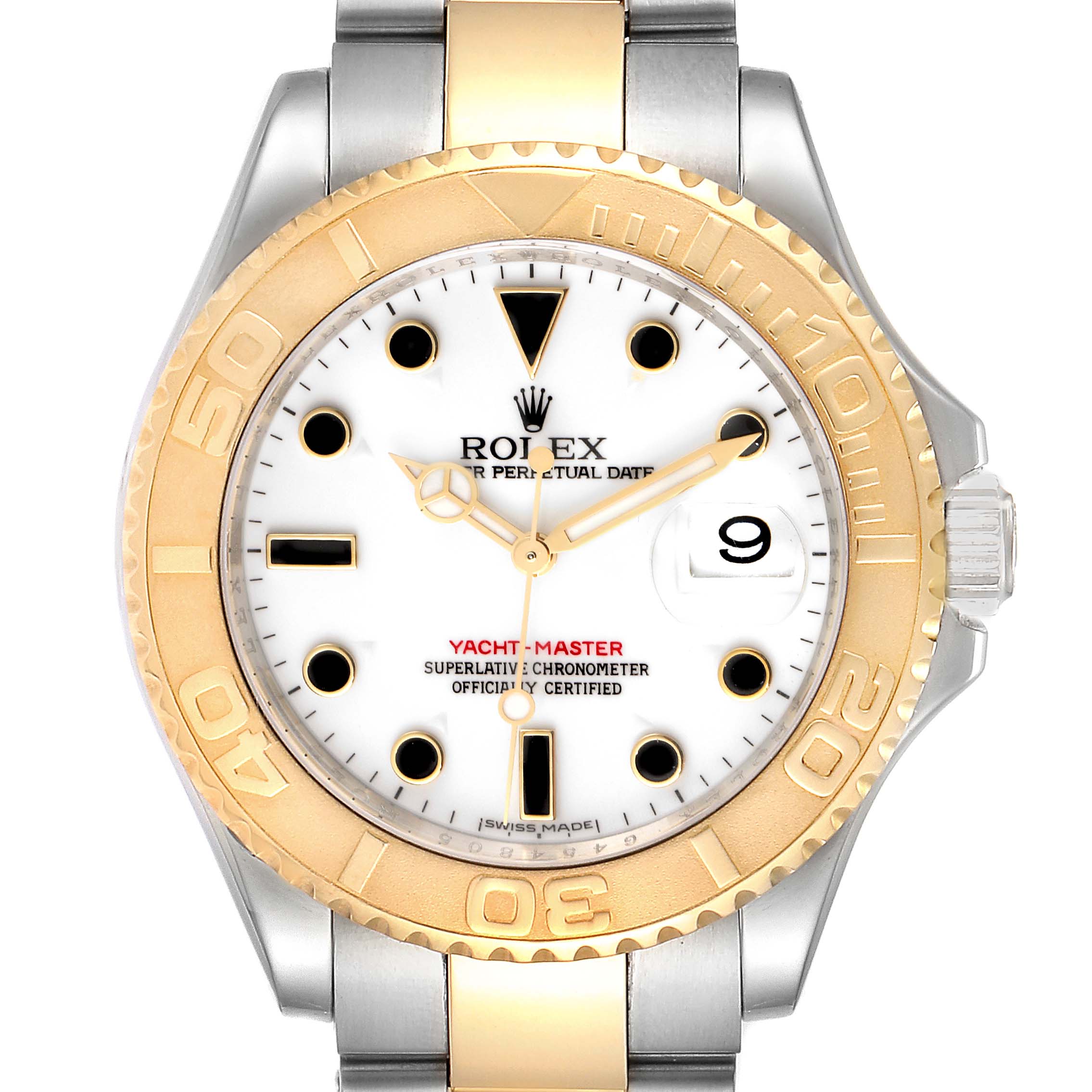 This image shows a frontal view of the Rolex Yacht-Master 16623 Men
s Steel and Gold (two tone) White Dial 16623 Men
s Steel and Gold (two tone) White Dial watch, featuring its dial, bezel, crown, and part of the bracelet.