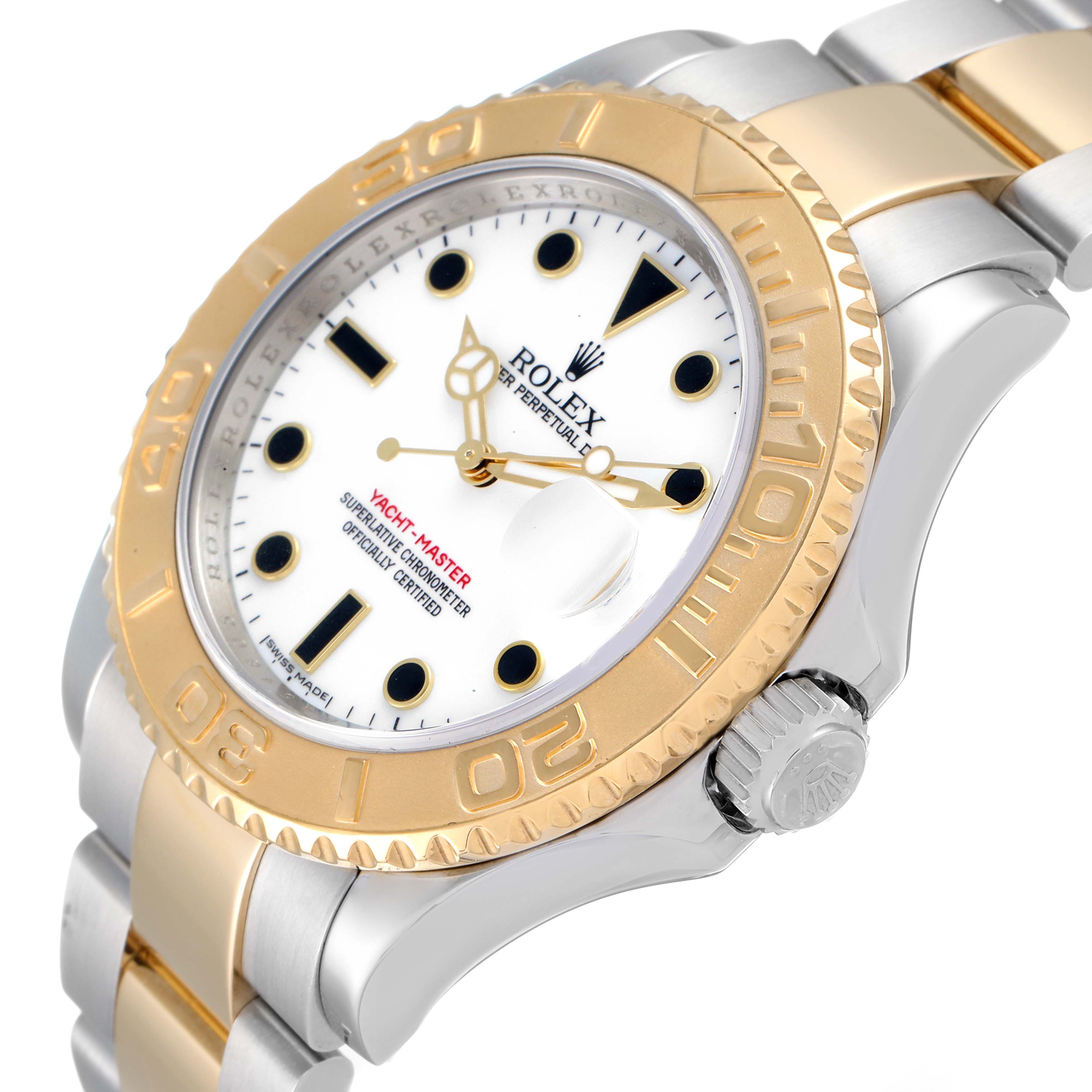 The image shows a Rolex Yacht-Master 16623 Men
s Steel and Gold (two tone) White Dial 16623 Men
s Steel and Gold (two tone) White Dial watch at a slight angle, highlighting its gold and silver-tone bezel, crown, and white dial.