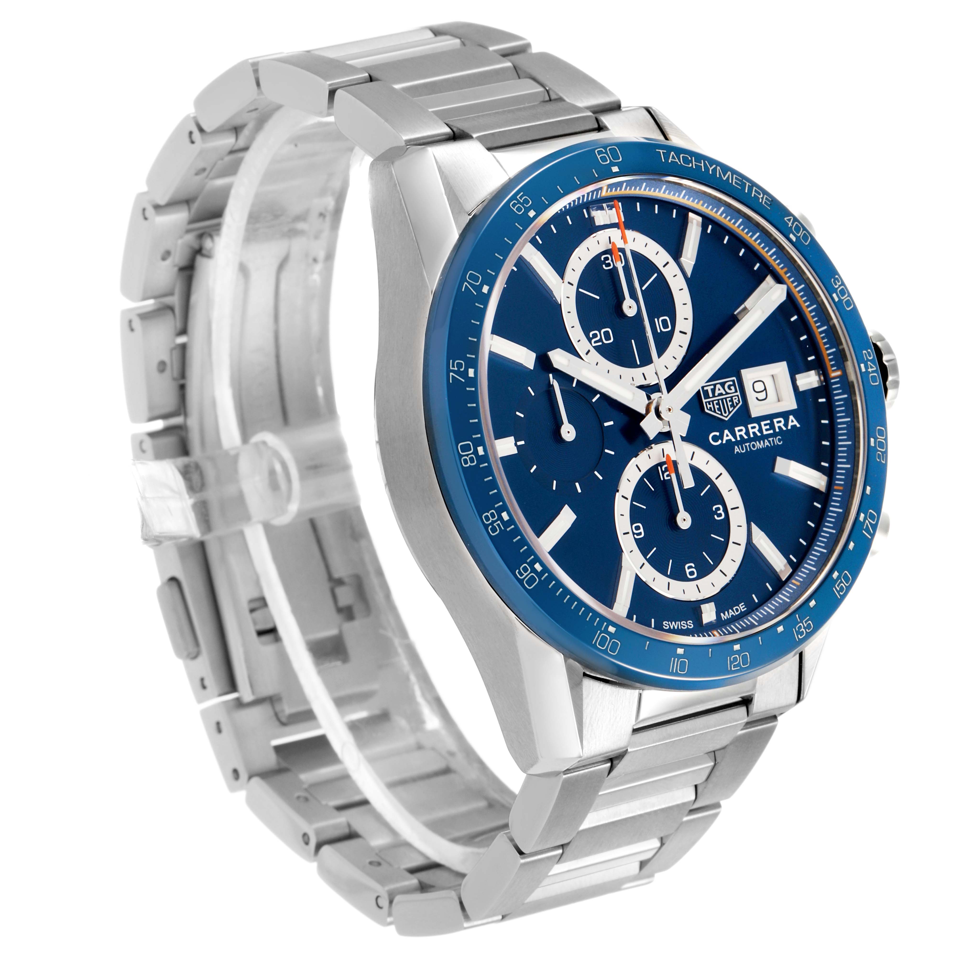 The Tag Heuer Carrera CBM2112.BA0651 Men's Stainless Steel Blue Dial watch is shown at a slight angle, highlighting its blue dial, chronograph subdials, and metal bracelet.