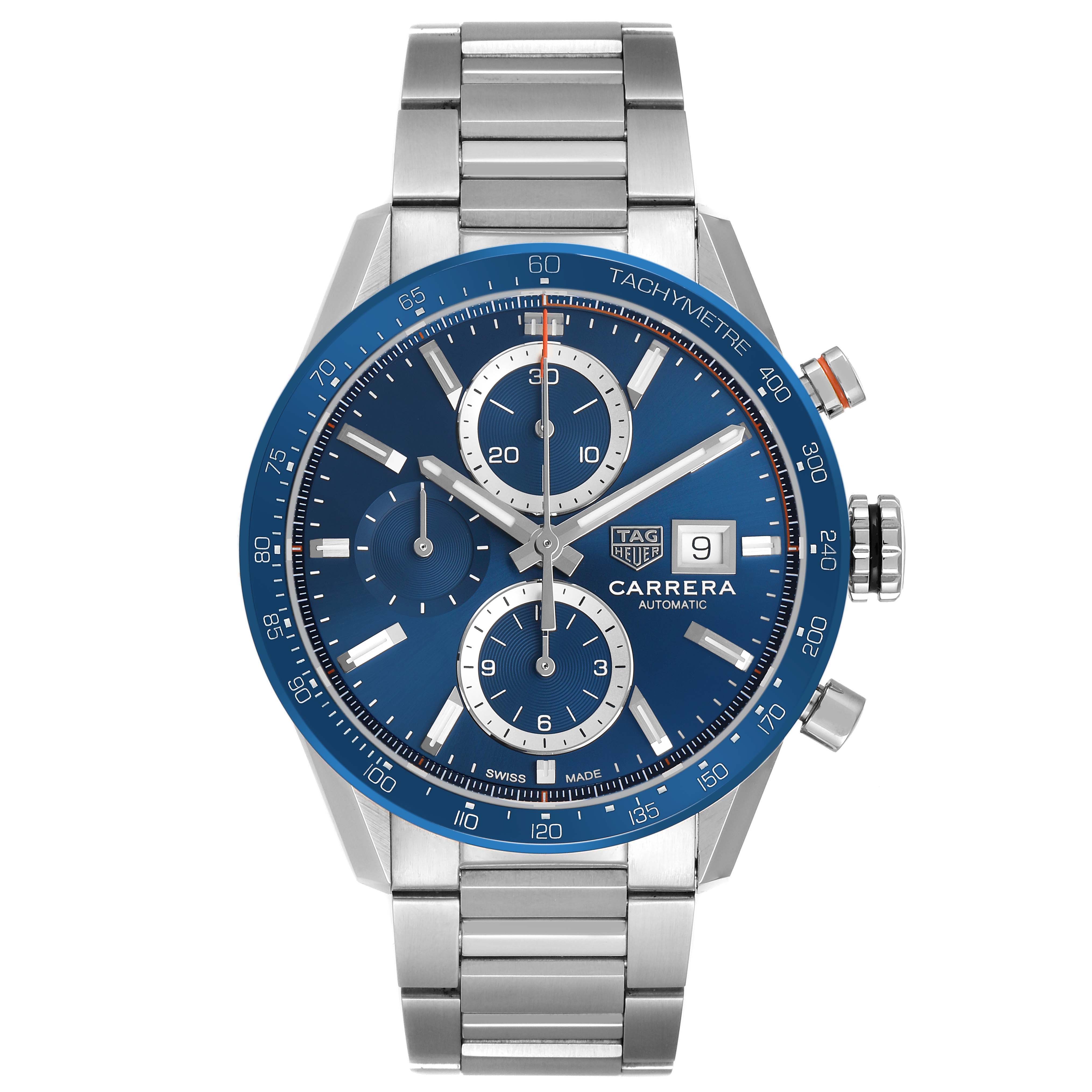 The Tag Heuer Carrera CBM2112.BA0651 Men's Stainless Steel Blue Dial watch is shown from the front, displaying its blue face, subdials, tachymeter, and metal bracelet.