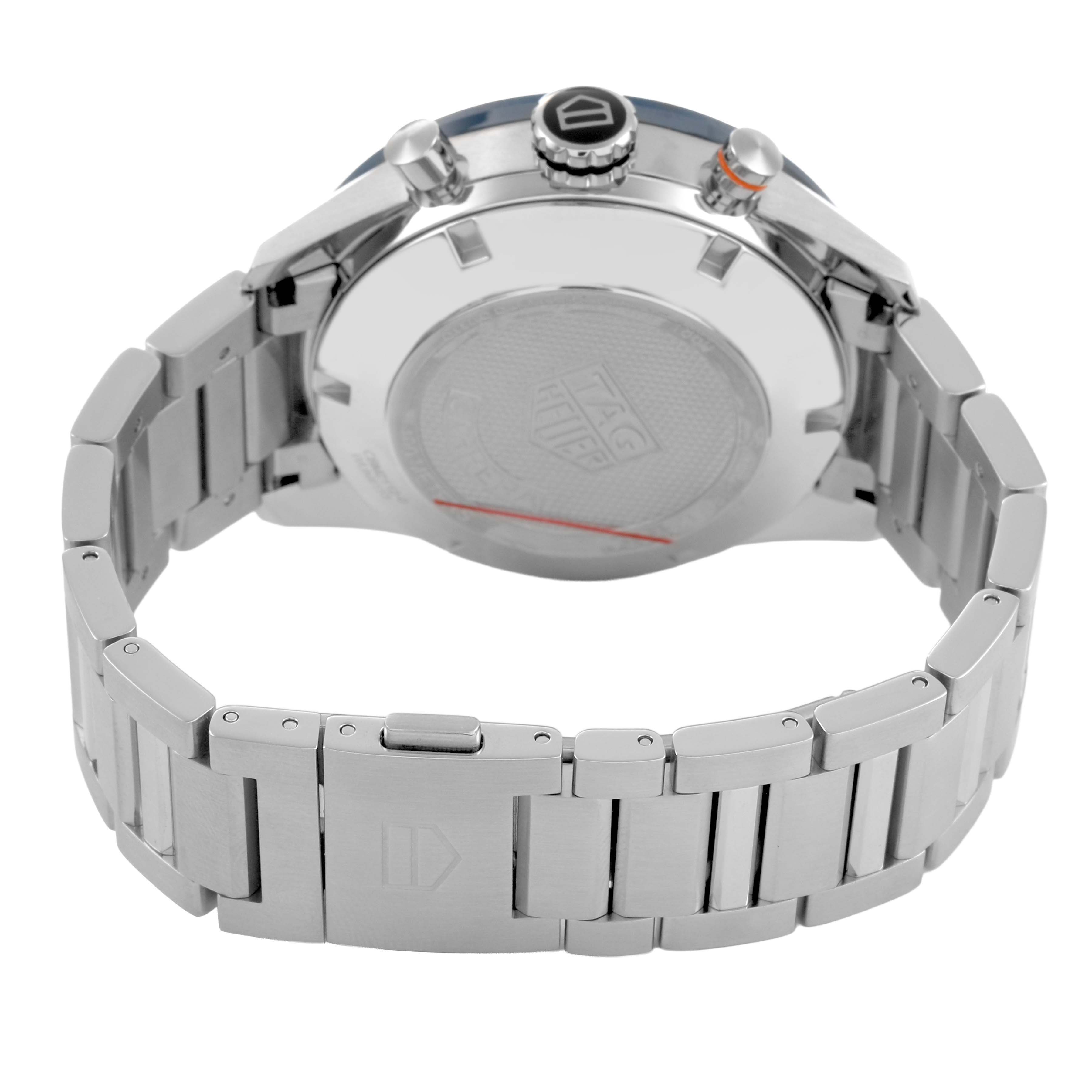 The image shows the backside of the Tag Heuer Carrera CBM2112.BA0651 Men's Stainless Steel Blue Dial watch, displaying the case back, bracelet, and clasp.